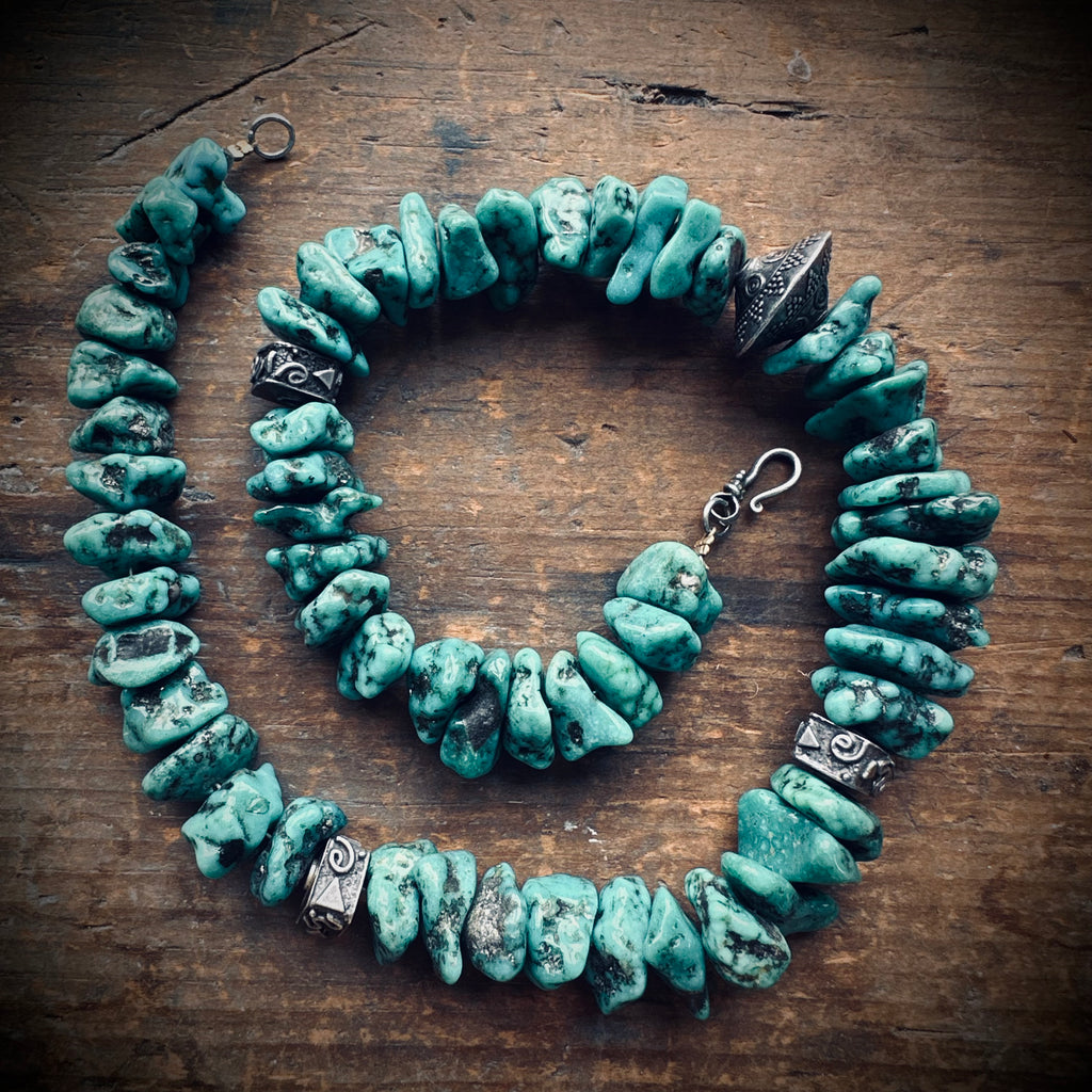 17.5” heavy Vintage nugget turquoise necklace with sterling silver accents