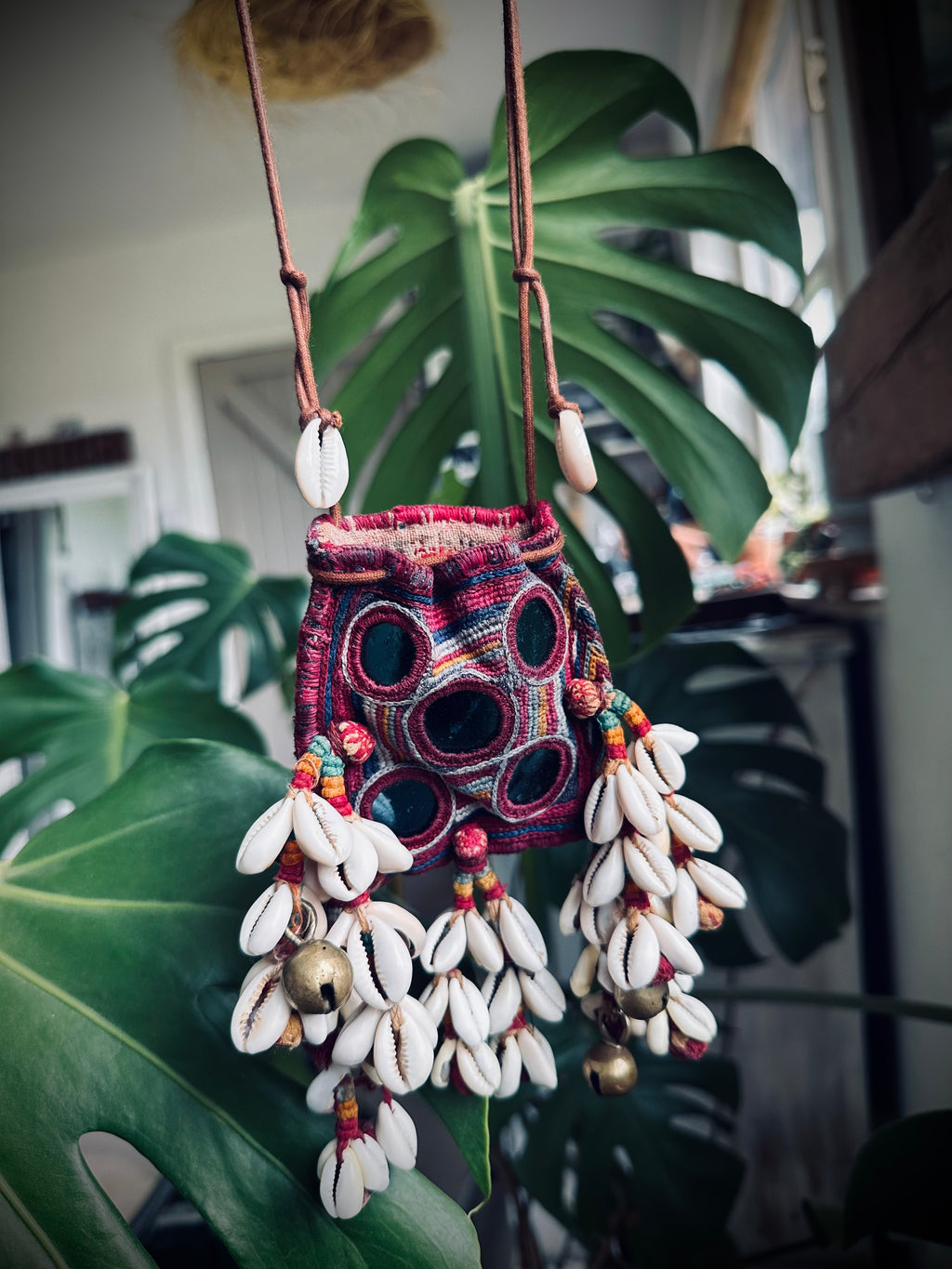 3”x3” Beautiful banjara mini pouch/purse on adjustable string with cowries