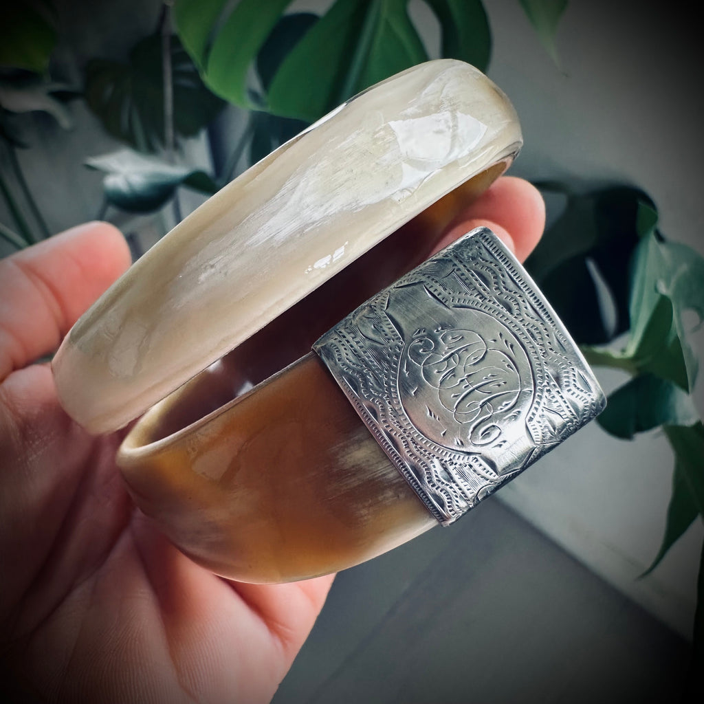 8” reworked butterscotch horn bangle in hallmarked engraved sterling silver