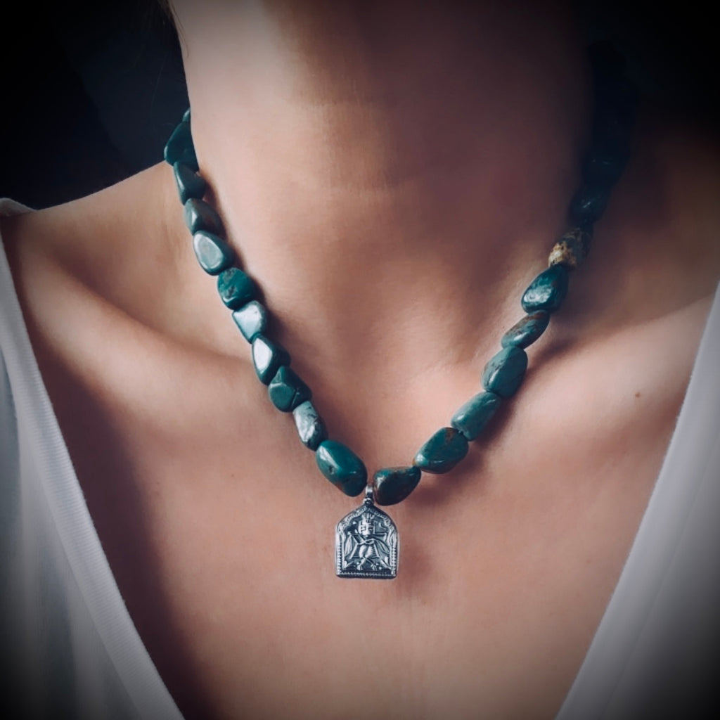 15” reworked chunky turquoise bead necklace with spiritual talisman in sterling silver