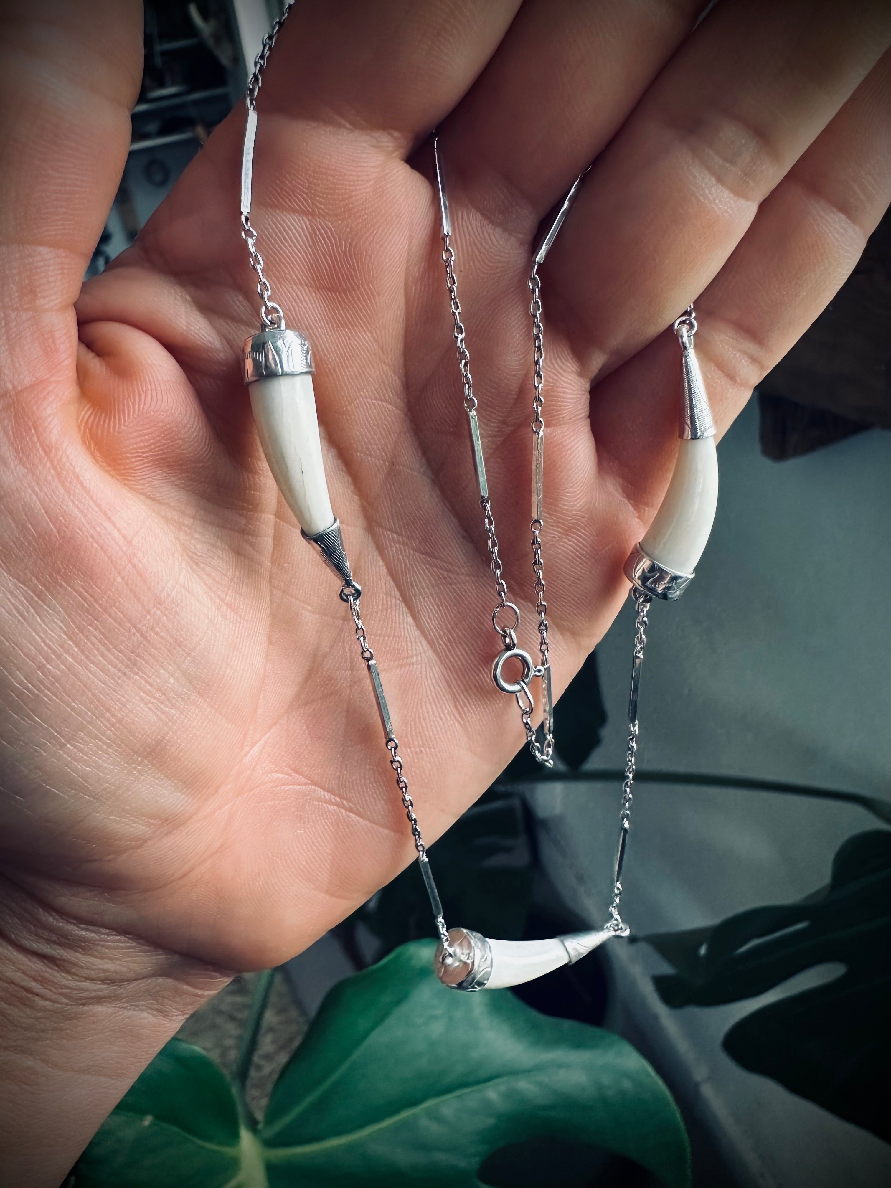 17” reworked vintage chain with 3 bone “tusks” - sterling silver