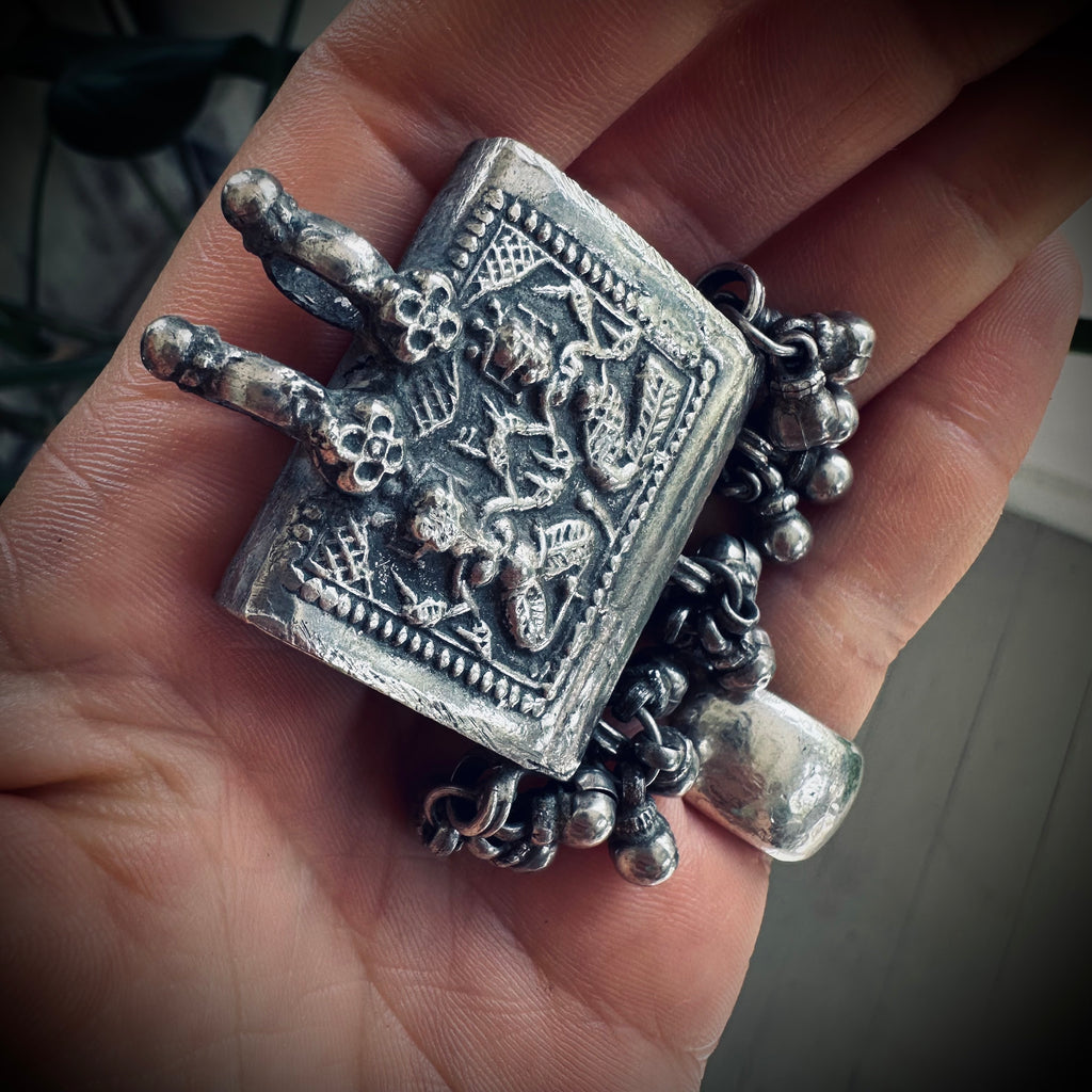 Large heavy vintage Indian spiritual talisman pendant in sterling silver