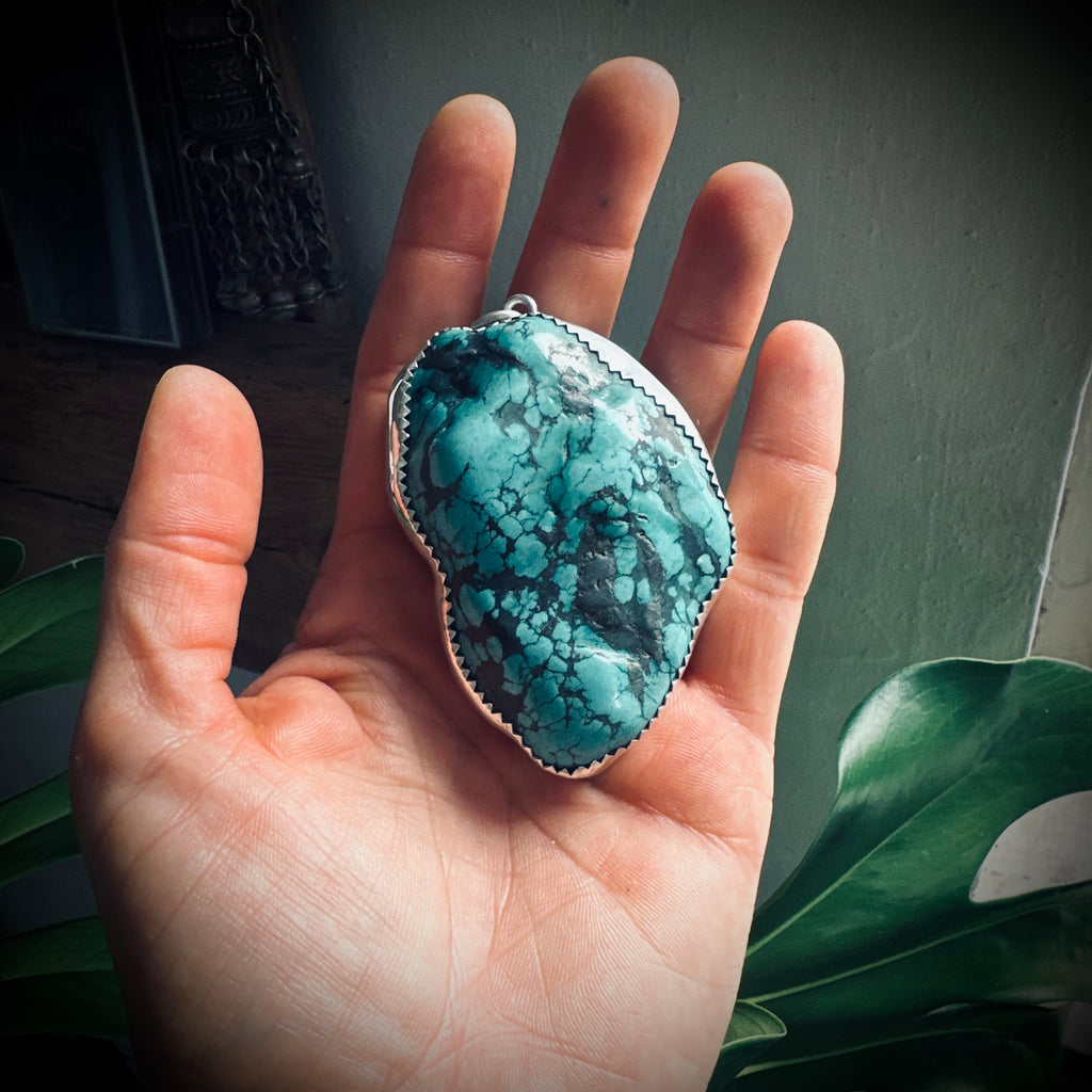XL Vintage turquoise nugget pendant in sterling silver
