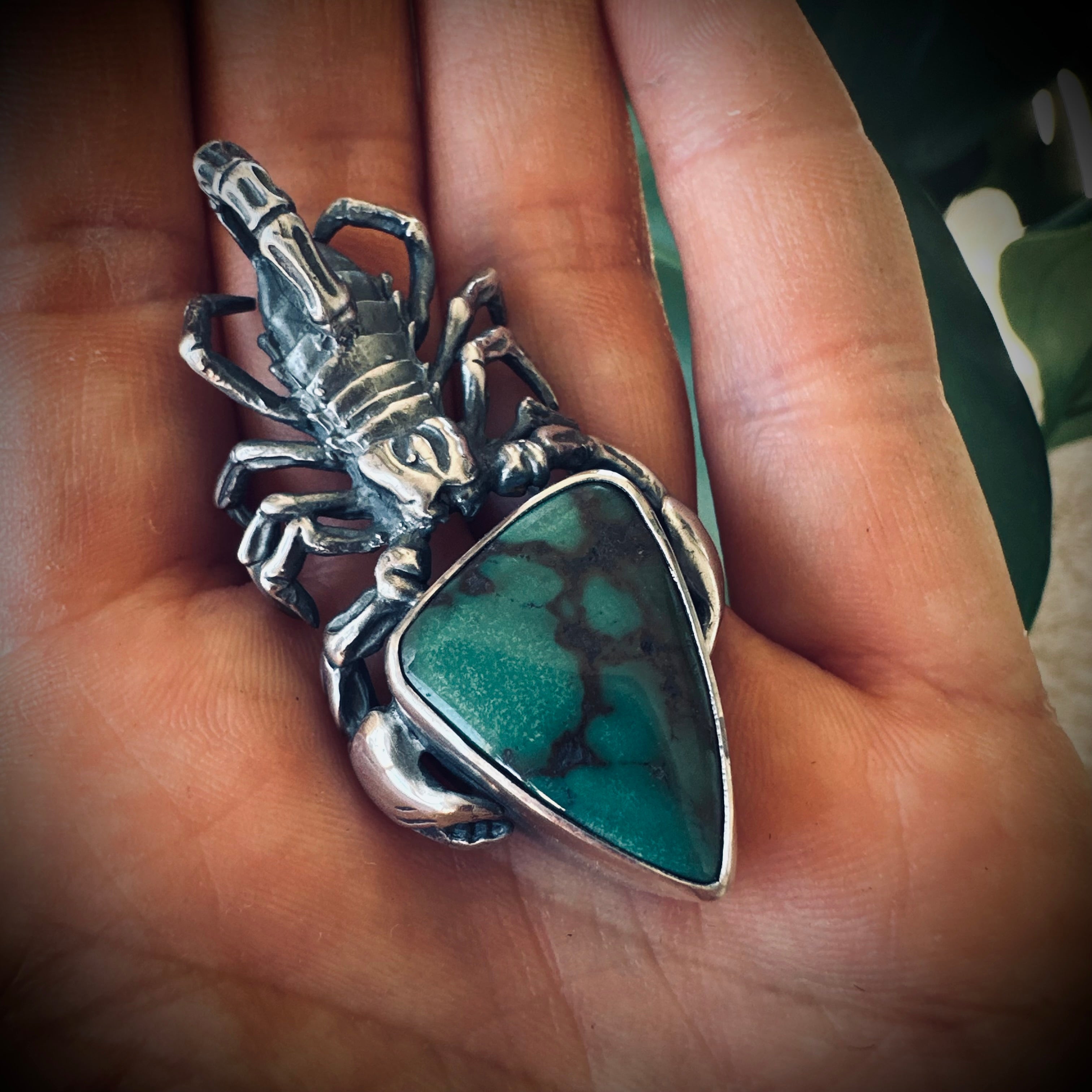 Sterling silver hallmarked scorpion pendant with turquoise