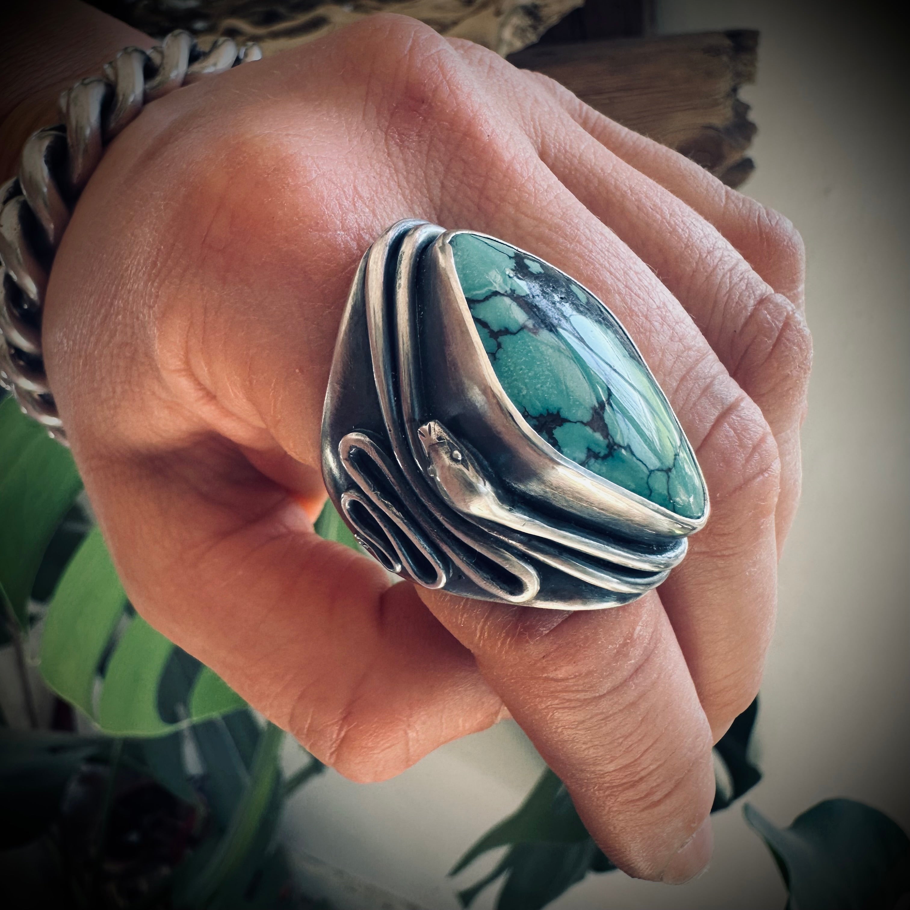 Size 7.5 (O) Sterling silver hallmarked double wrapped snake and turquoise ring