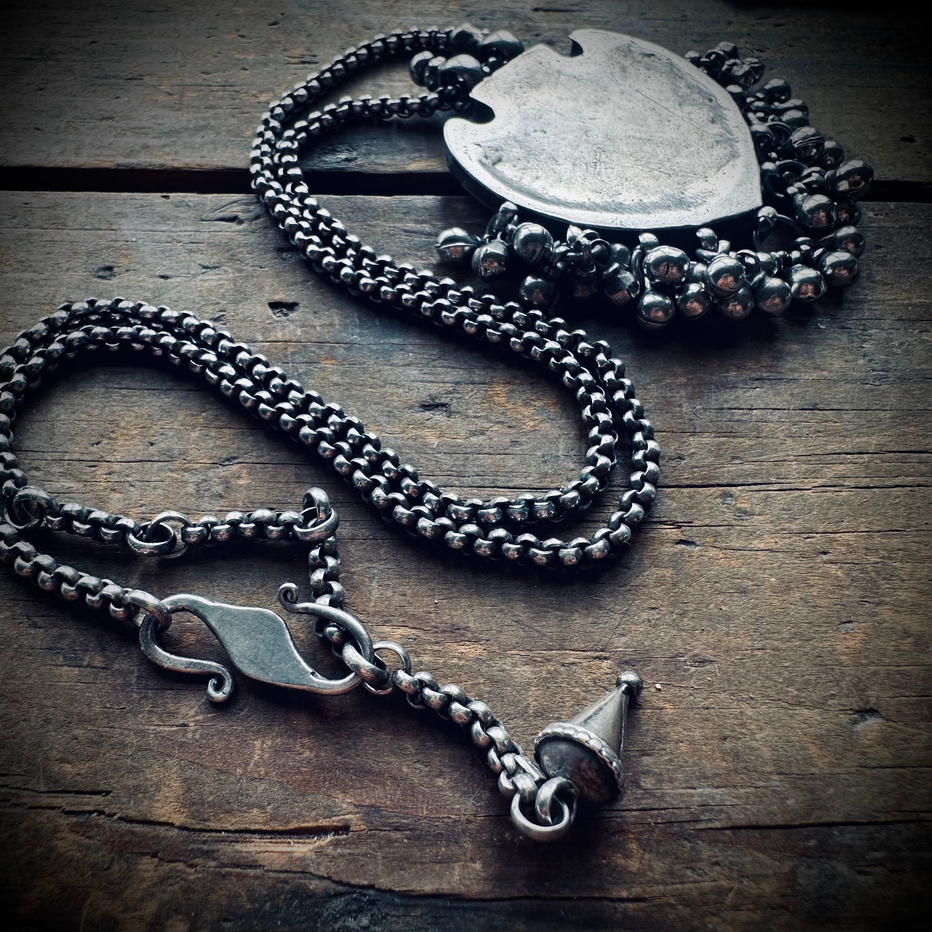 Vintage large silver patterned talisman pendant with bells on 22” adjustable chain