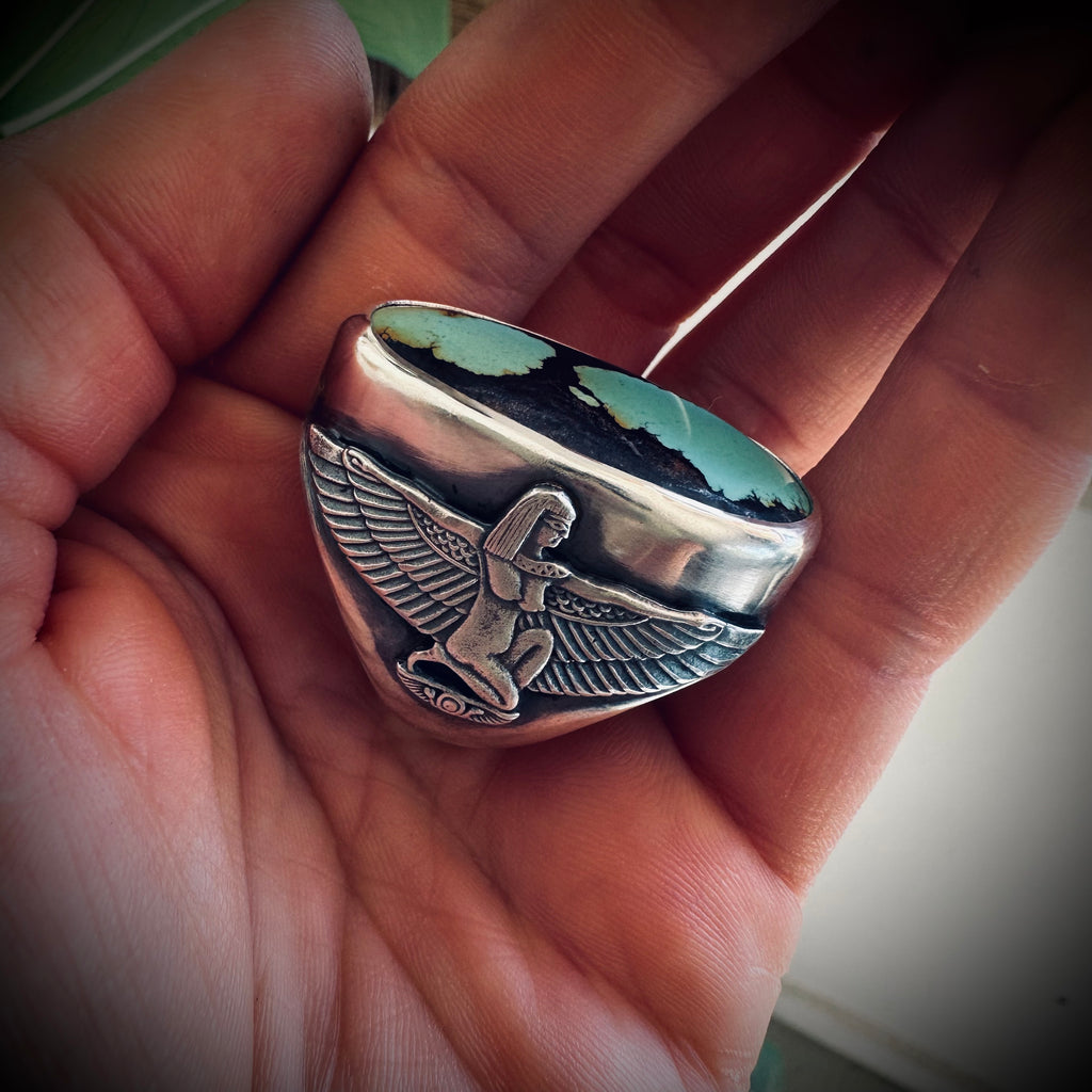 Size 6.5 (M 1/2) Sterling silver hallmarked turquoise winged Isis ring