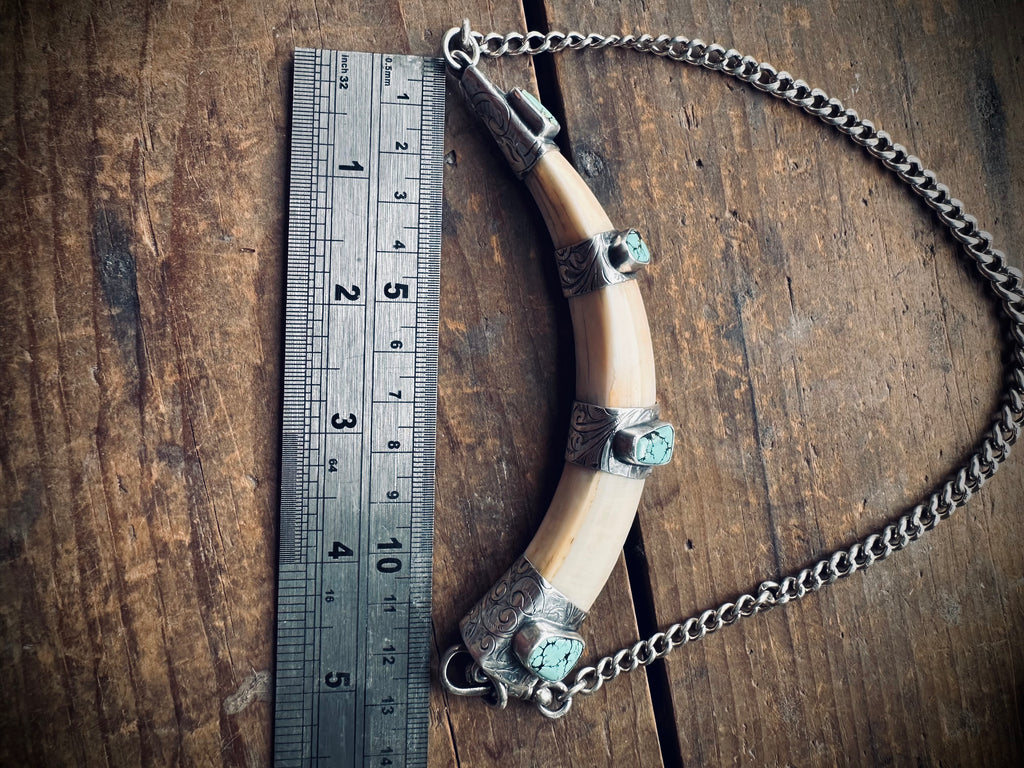 XL 5” reworked vintage tusk with turquoise in hallmarks sterling silver - 18” total length