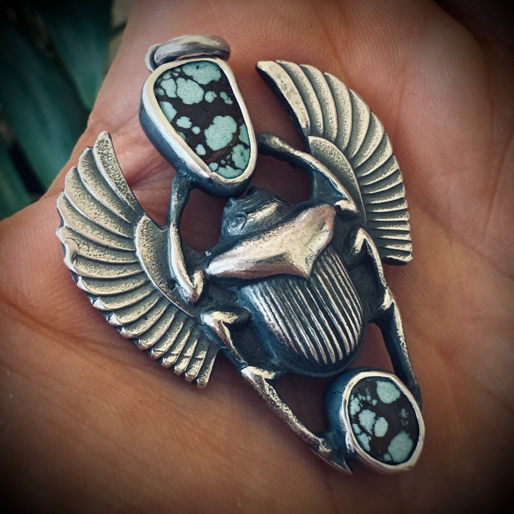 Sterling silver hallmarked scarab pendant with turquoise
