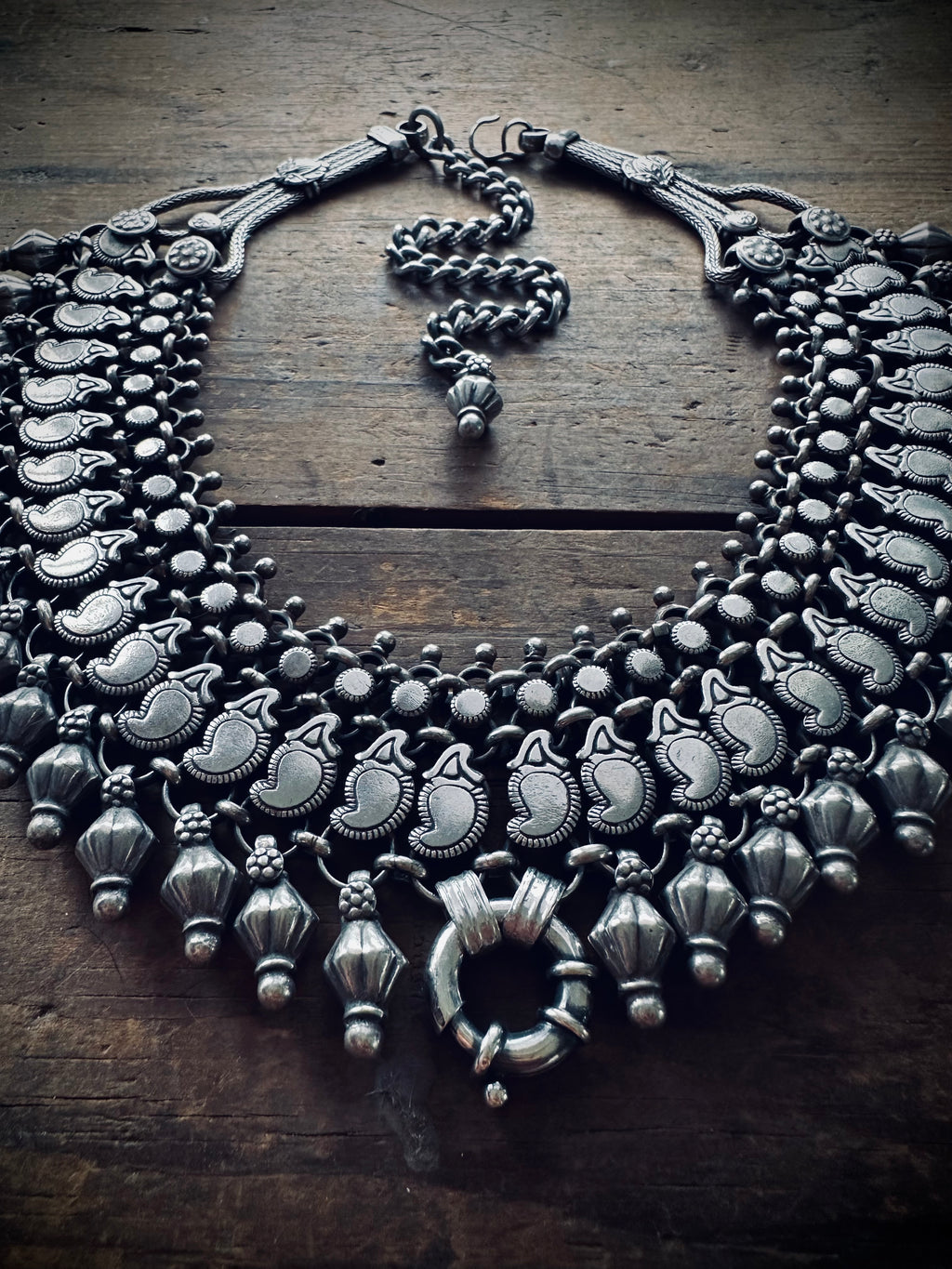 248g 16” + 6” extender big heavy Indian vintage bib necklace with chunky bolt ring in sterling silver