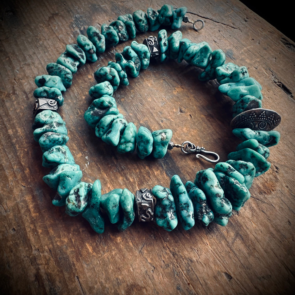 17.5” heavy Vintage nugget turquoise necklace with sterling silver accents