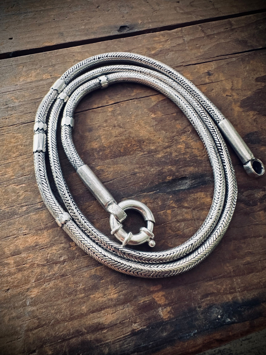 28” 93g visibly mended vintage Indian snake chain in sterling silver