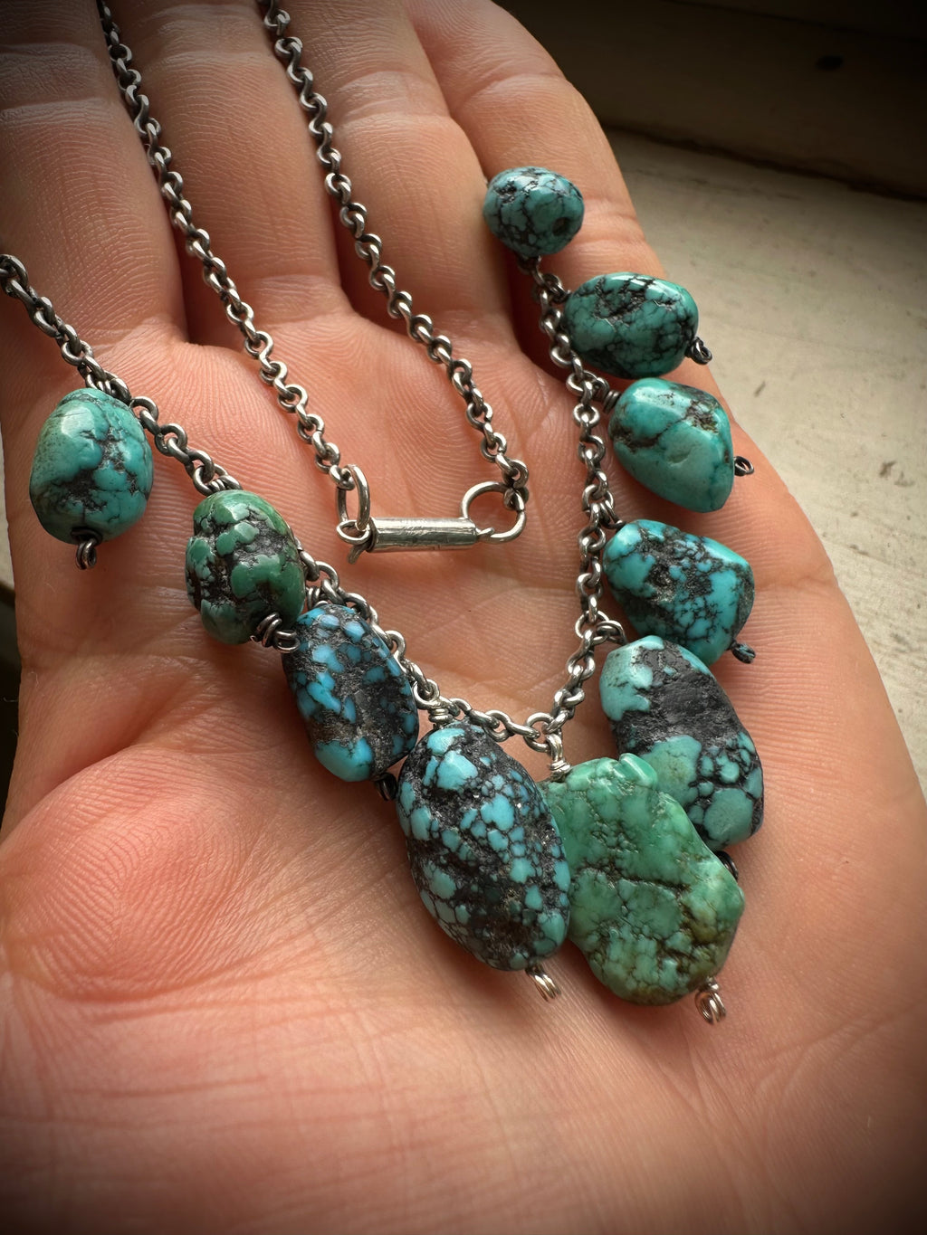 15” Vintage turquoise bead necklace with barrel clasp and sterling silver chain