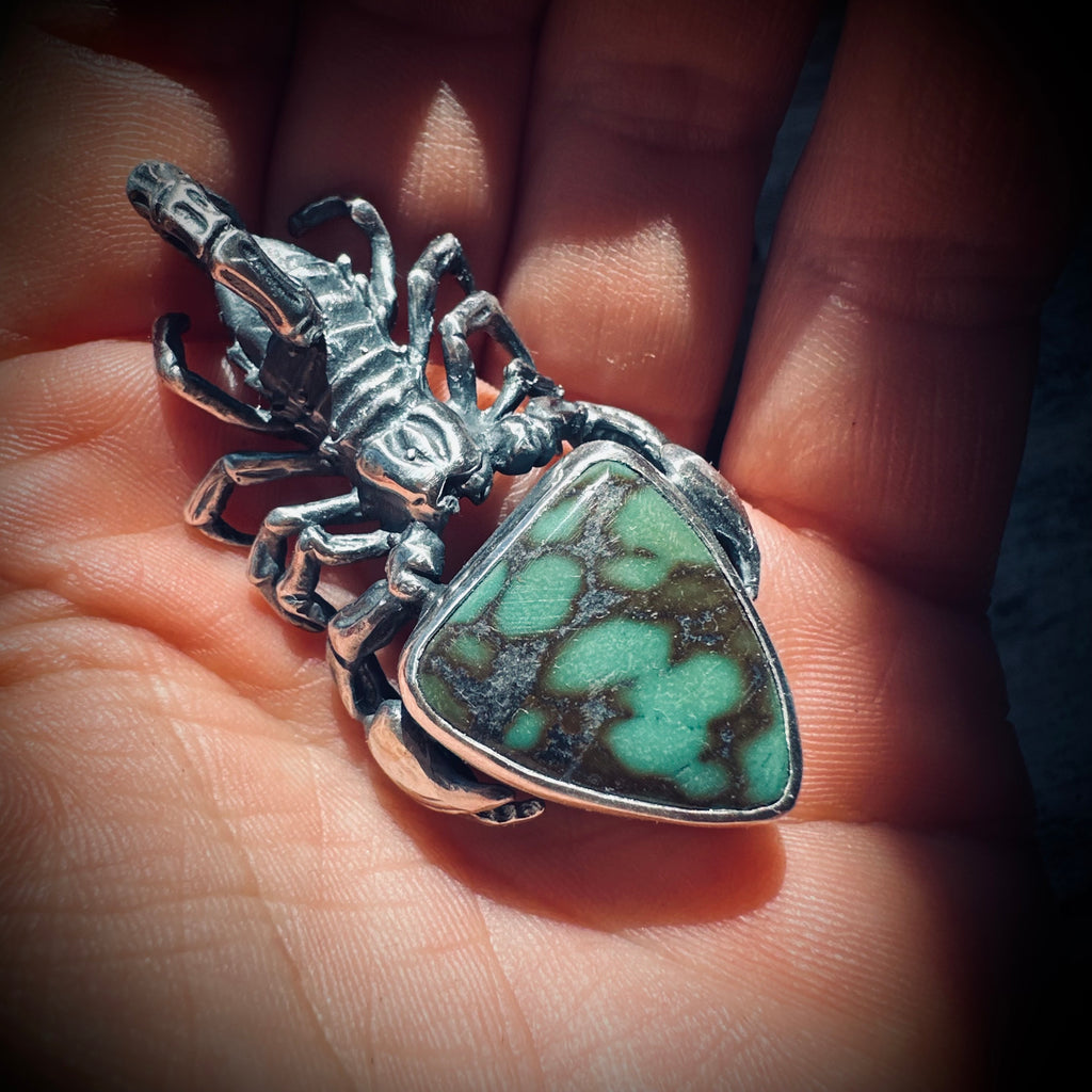 Sterling silver hallmarked scorpion pendant with turquoise