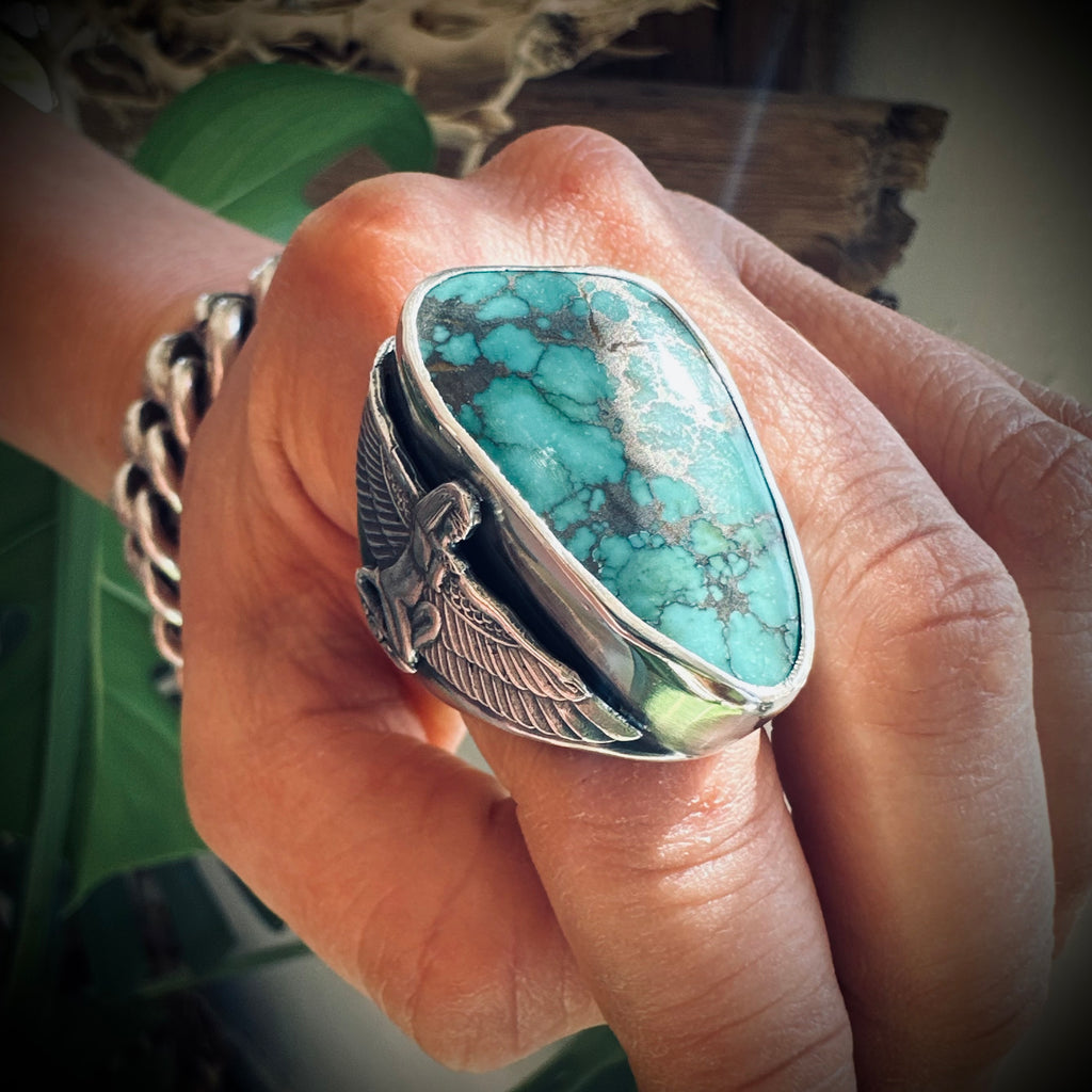 Size 9 (R 1/2) Sterling silver hallmarked turquoise winged Isis ring
