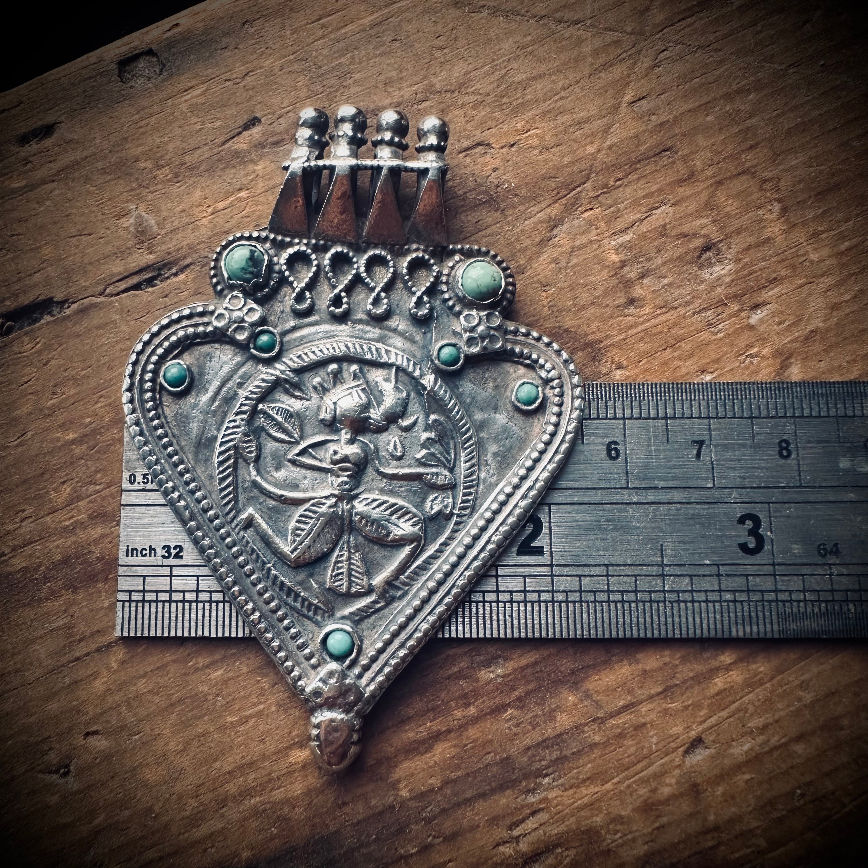Large vintage Indian talisman pendant with turquoise in sterling silver