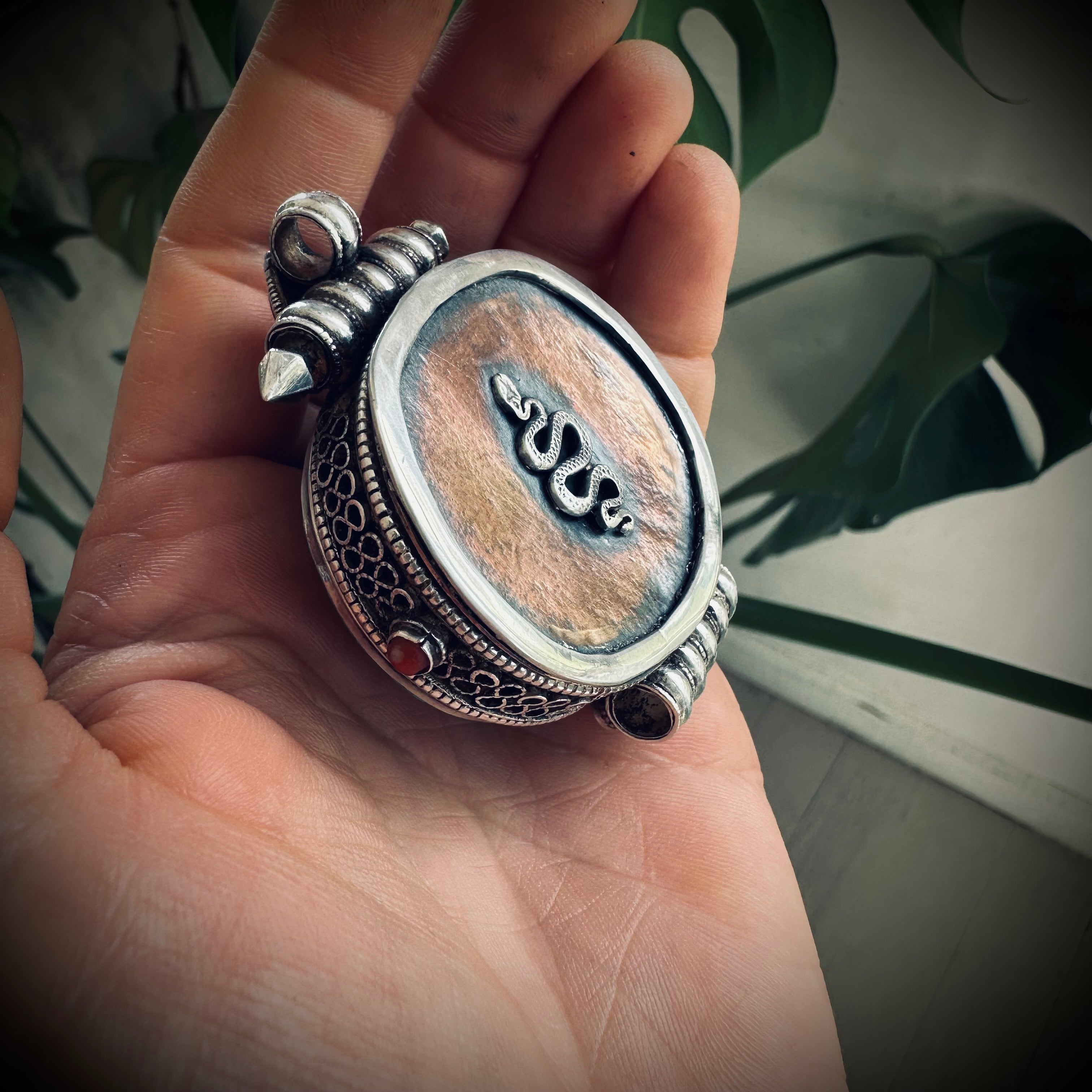 Large heavy vintage Tibetan gau prayer box pendant in sterling silver and copper with snake