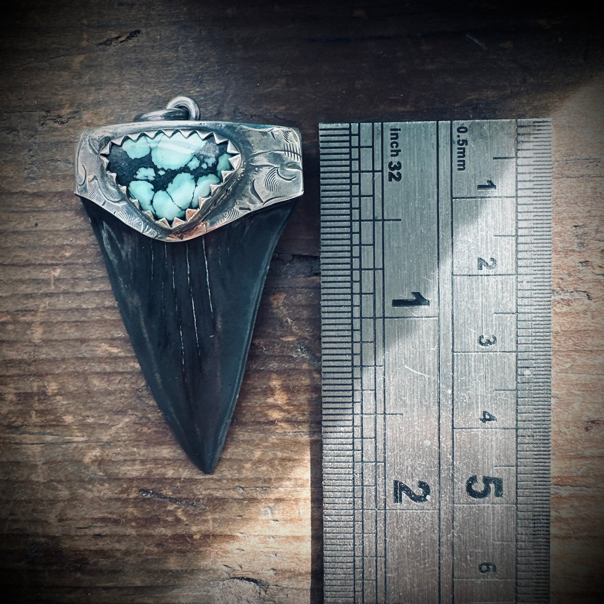 Sterling silver hallmarked fossilised shark tooth pendant with turquoise