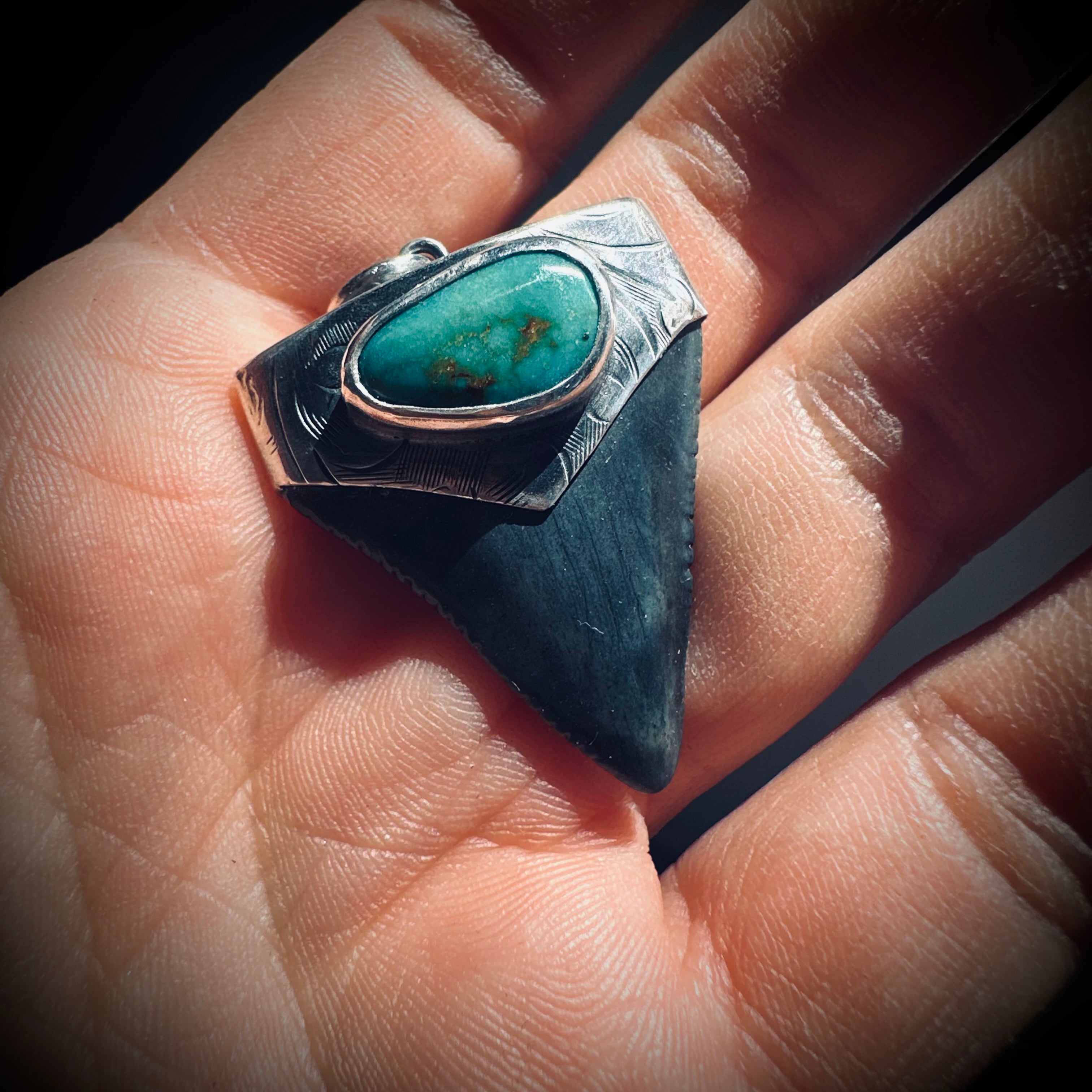 Sterling silver hallmarked fossil shark tooth pendant with turquoise