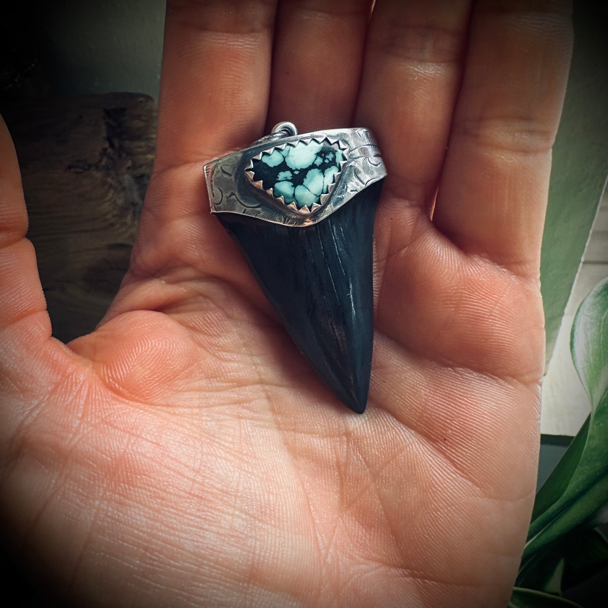 Sterling silver hallmarked fossilised shark tooth pendant with turquoise