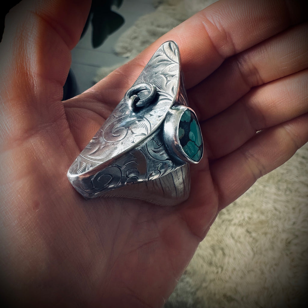 Sterling silver hallmarked fossil shark tooth pendant with turquoise