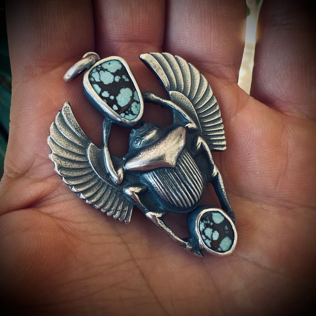 Sterling silver hallmarked scarab pendant with turquoise