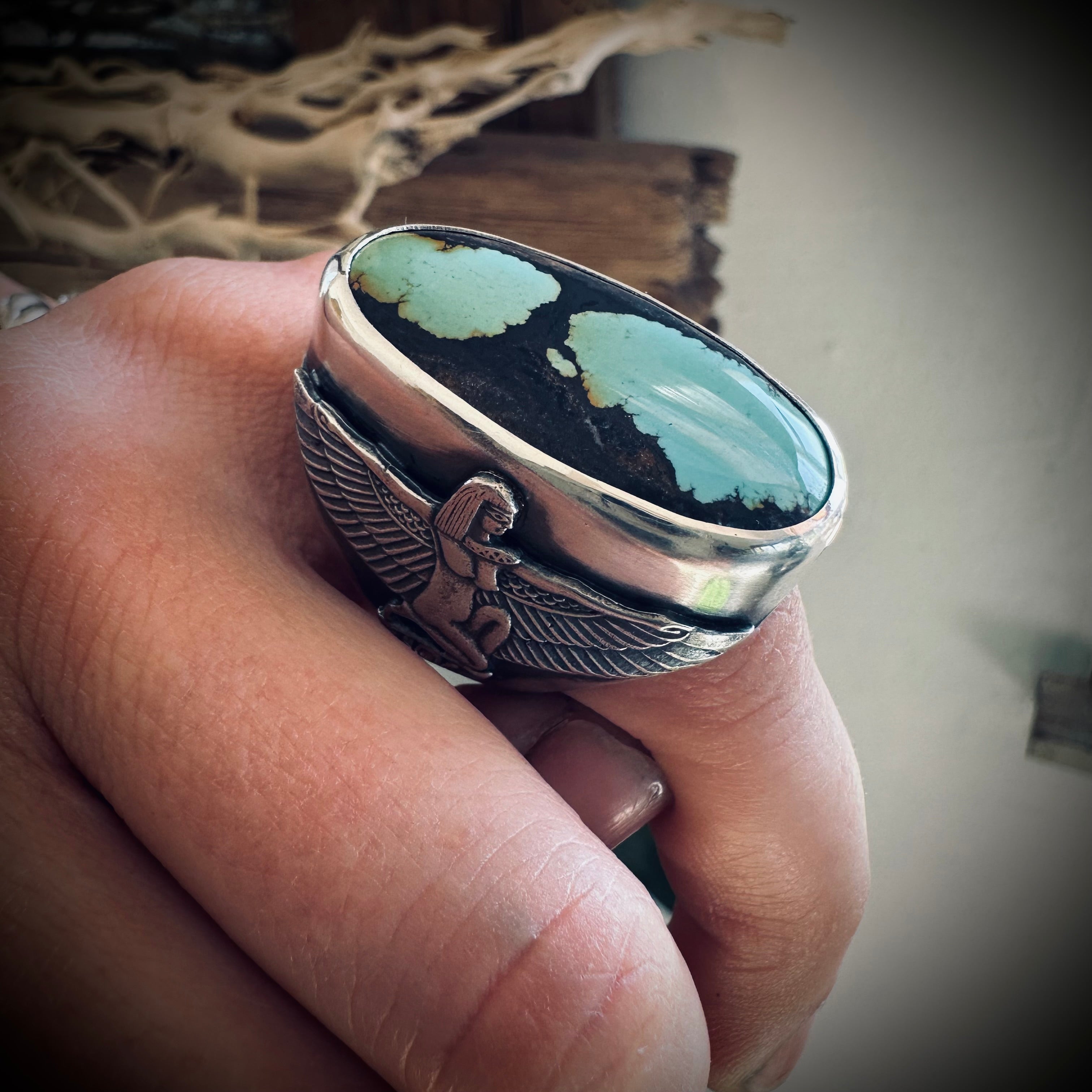 Size 6.5 (M 1/2) Sterling silver hallmarked turquoise winged Isis ring