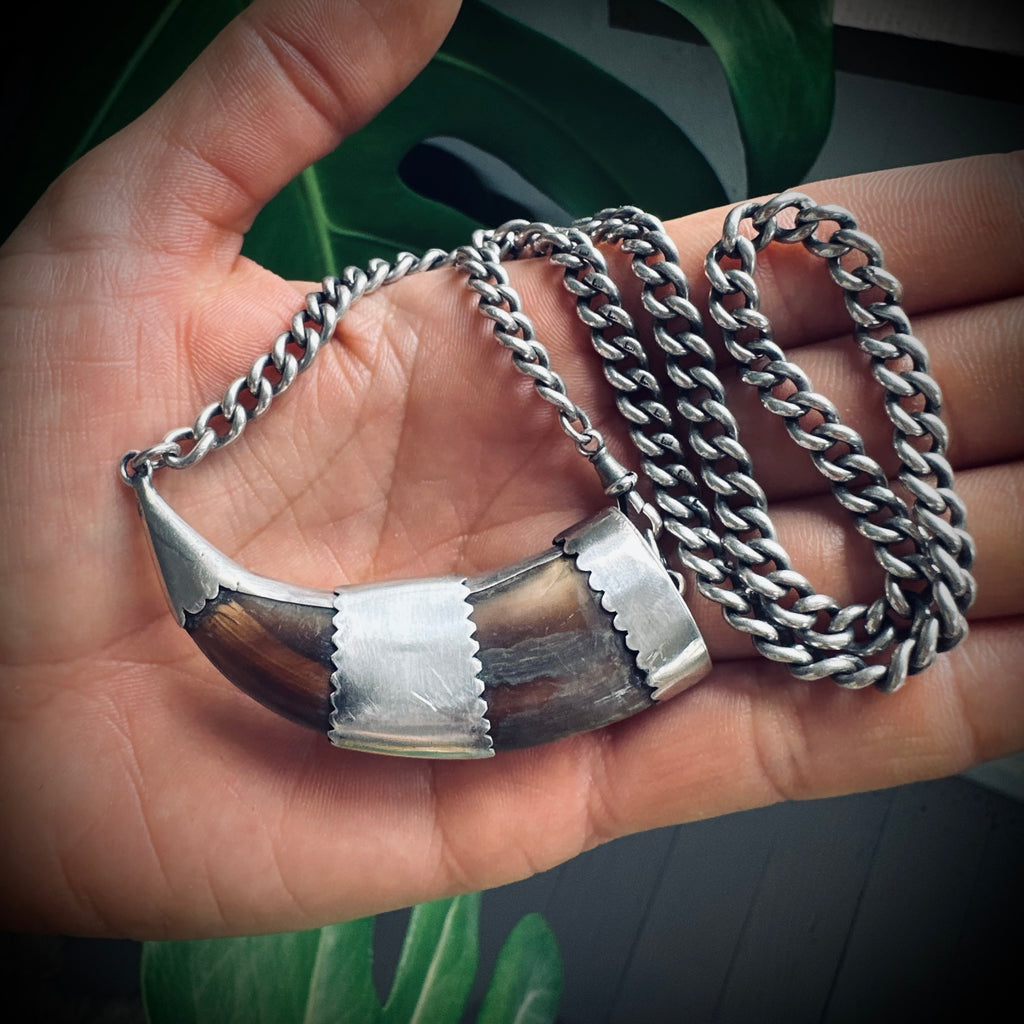 2.5” horn with turquoise on 14” antique sterling silver chain