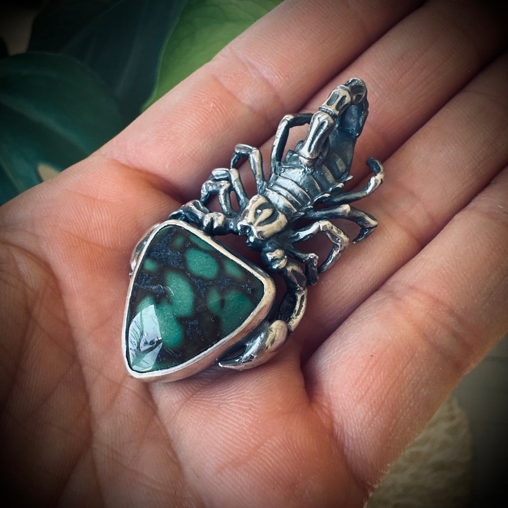 Sterling silver hallmarked scorpion pendant with turquoise