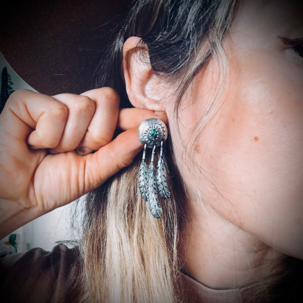 Vintage large statement feather earrings with turquoise in sterling silver