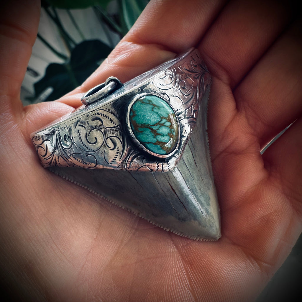 Sterling silver hallmarked fossil shark tooth pendant with turquoise