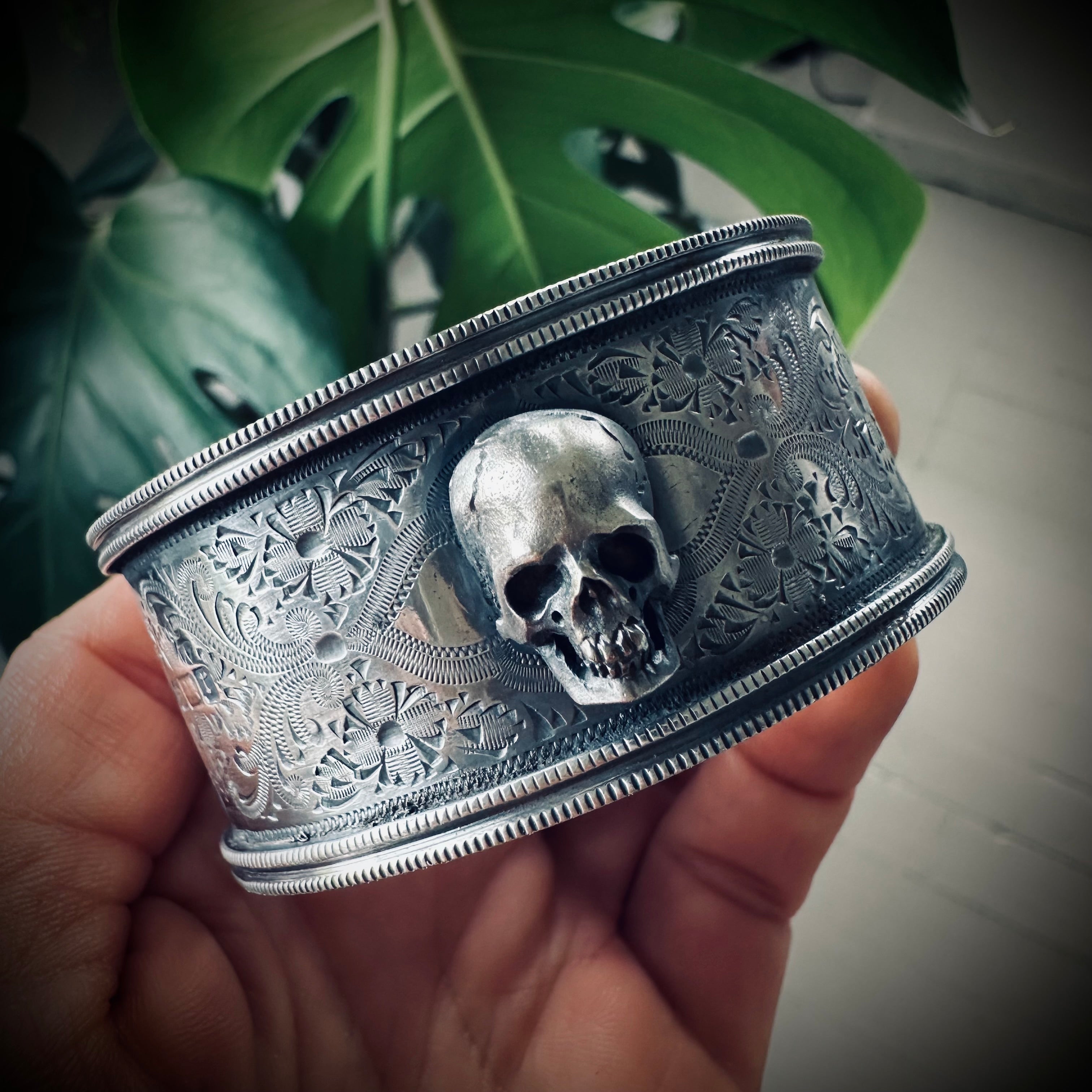 7” adjustable skull bracelet in hallmarked engraved sterling silver