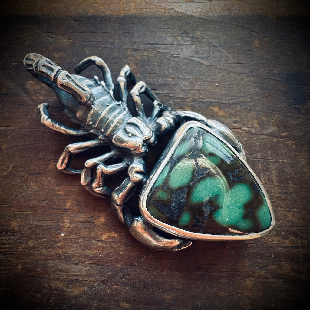 Sterling silver hallmarked scorpion pendant with turquoise