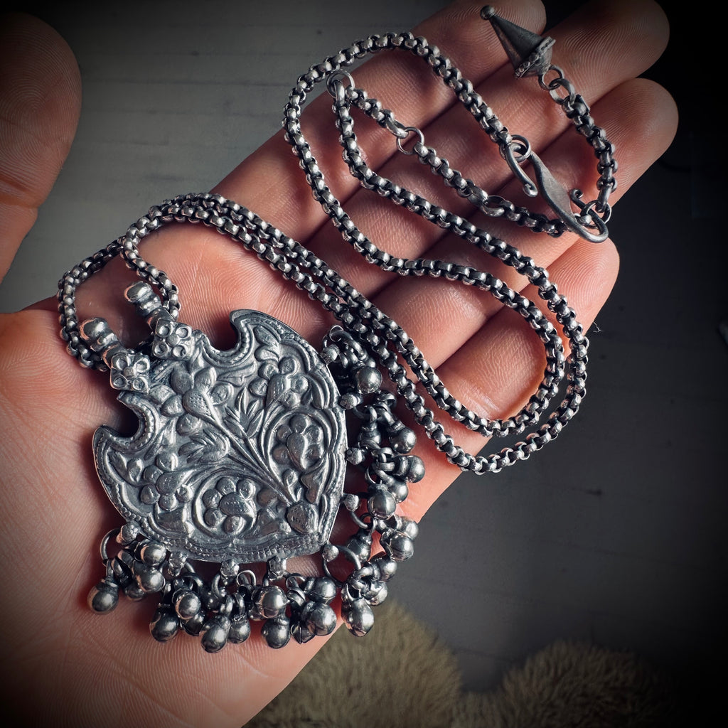 Vintage large silver patterned talisman pendant with bells on 22” adjustable chain