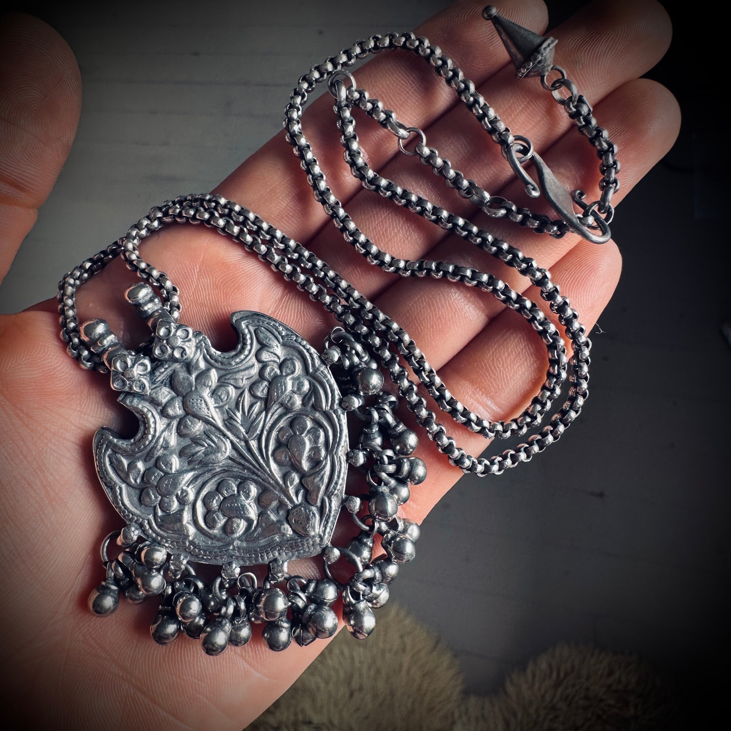 Vintage large silver patterned talisman pendant with bells on 22” adjustable chain