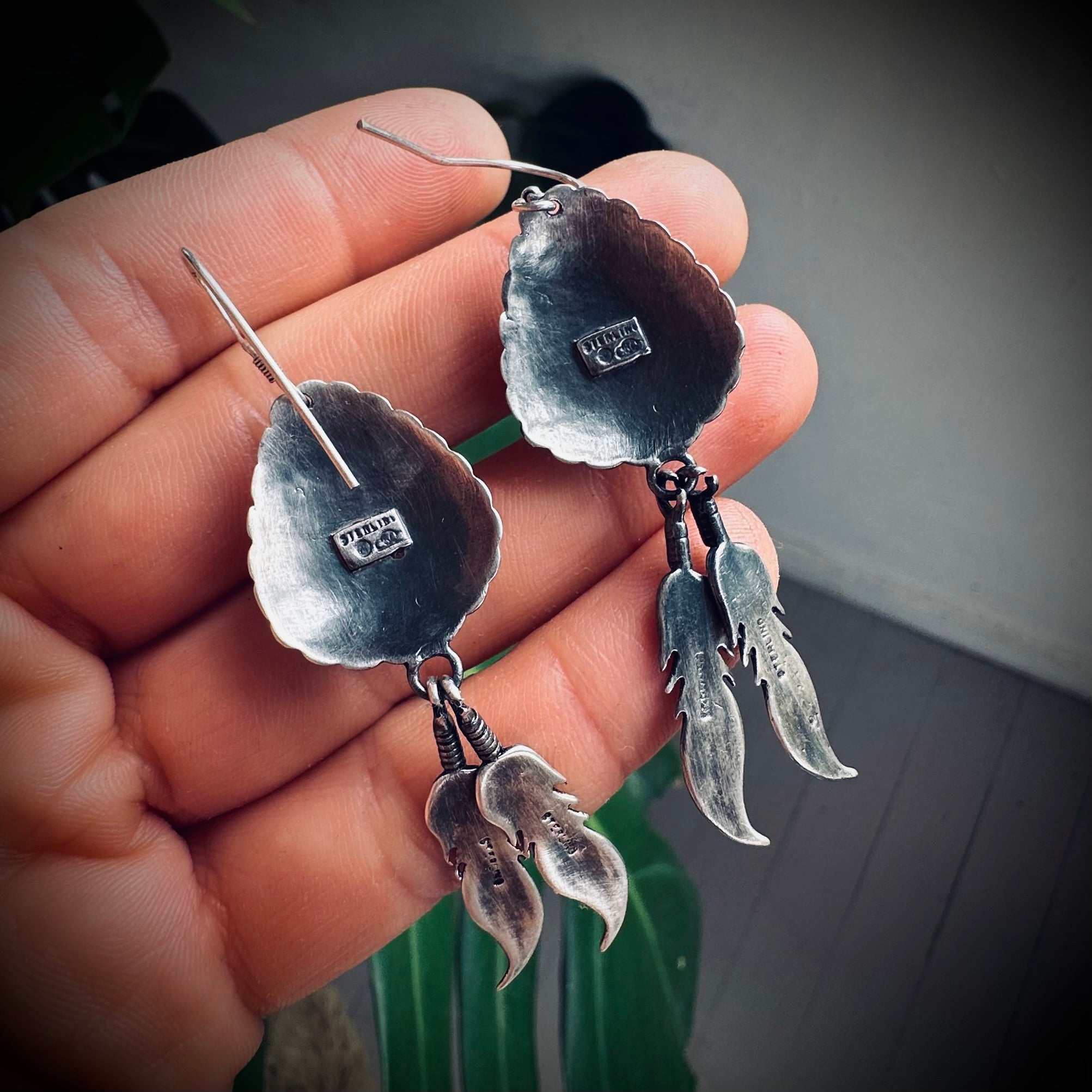 Vintage large statement feather earrings with turquoise in sterling silver