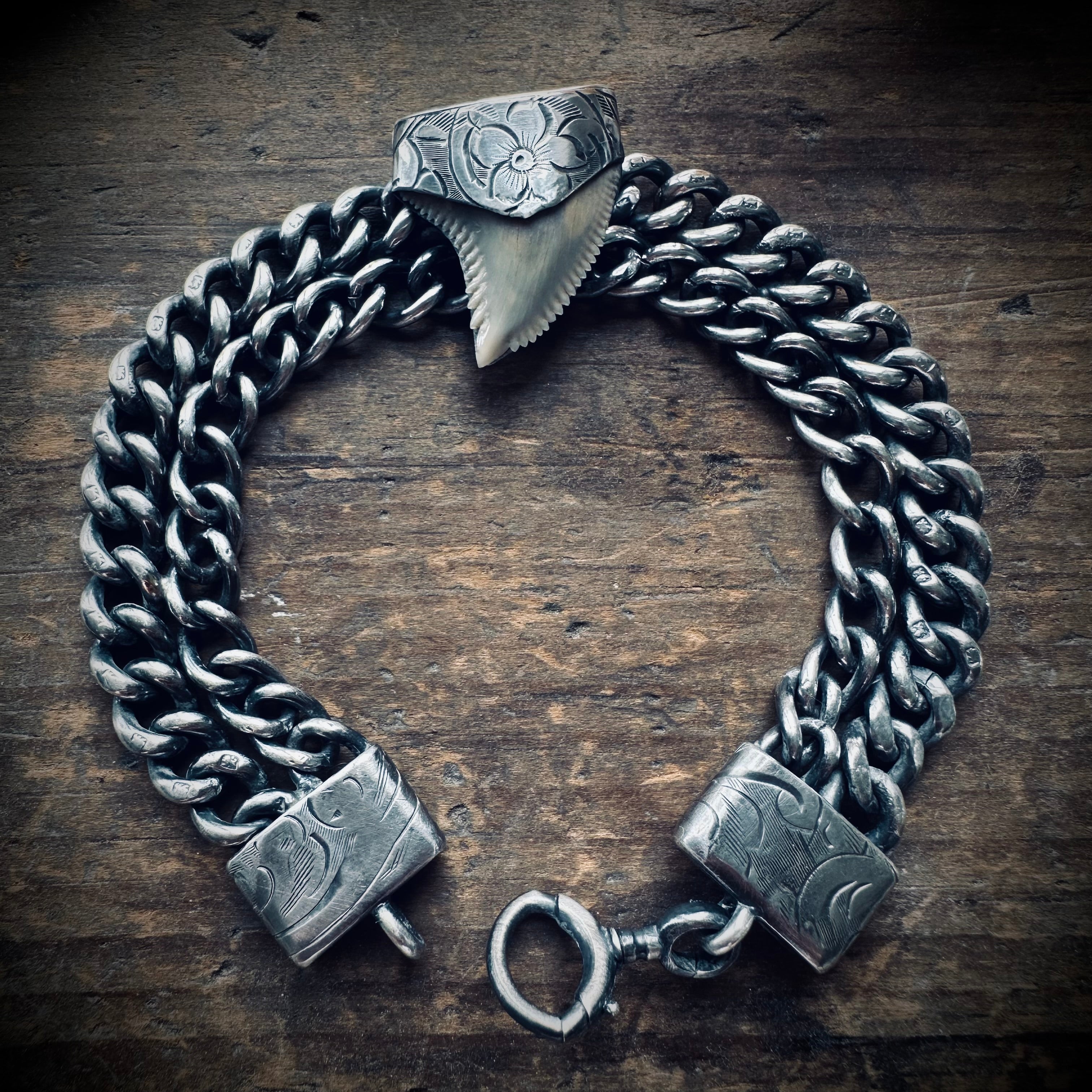 7.5” reworked double chain fossilised tooth bracelet in hallmarked engraved sterling silver with antique clip