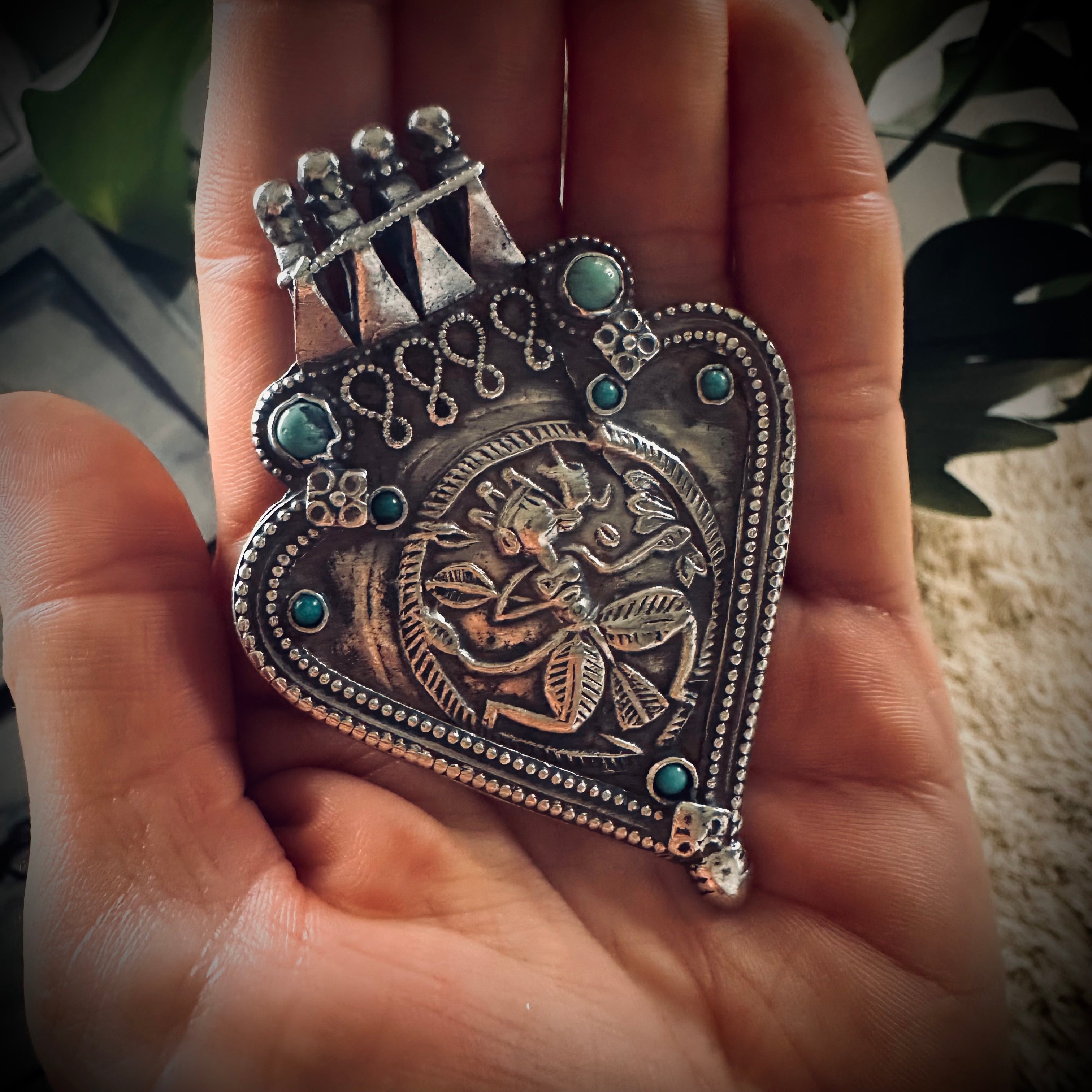 Large vintage Indian talisman pendant with turquoise in sterling silver