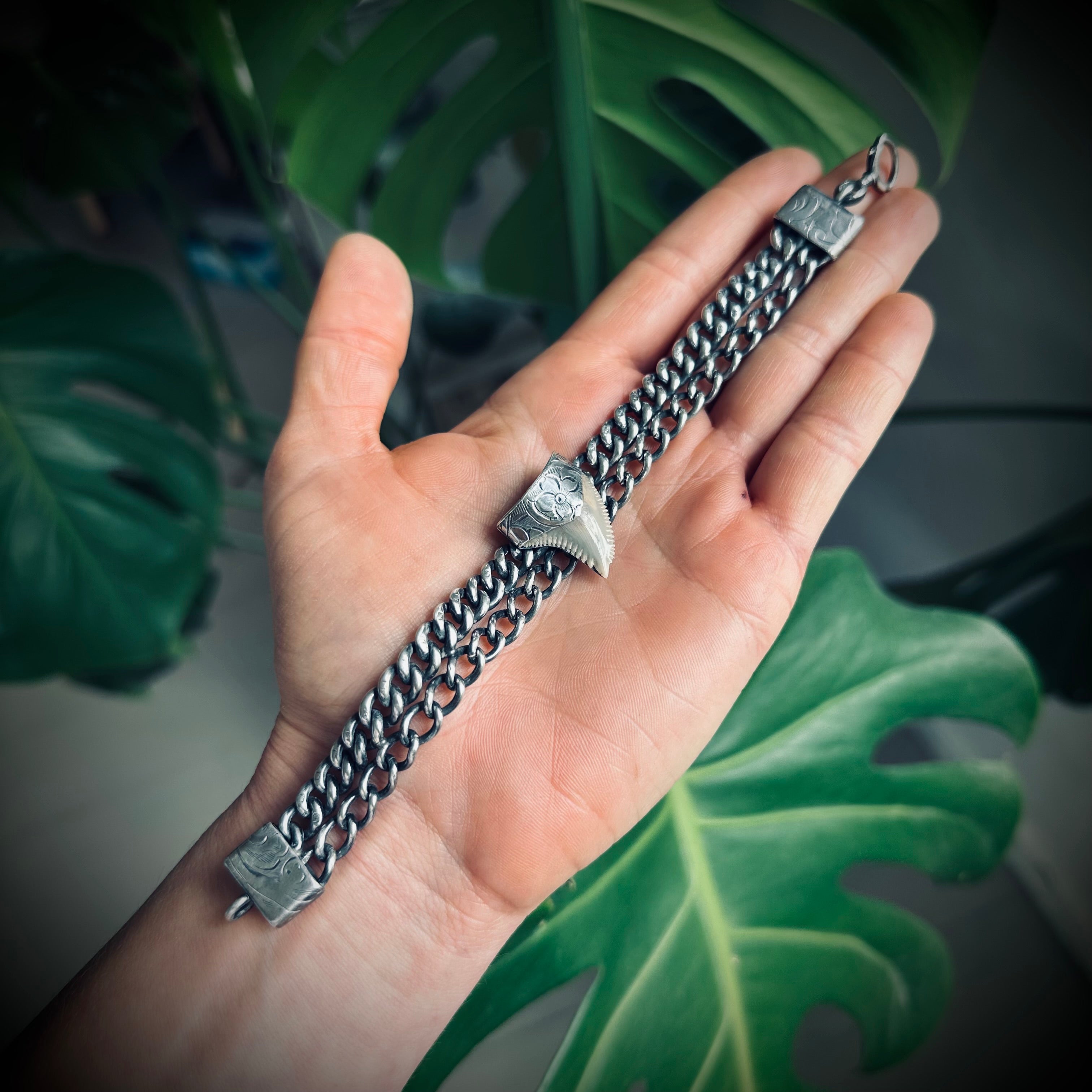 7.5” reworked double chain fossilised tooth bracelet in hallmarked engraved sterling silver with antique clip