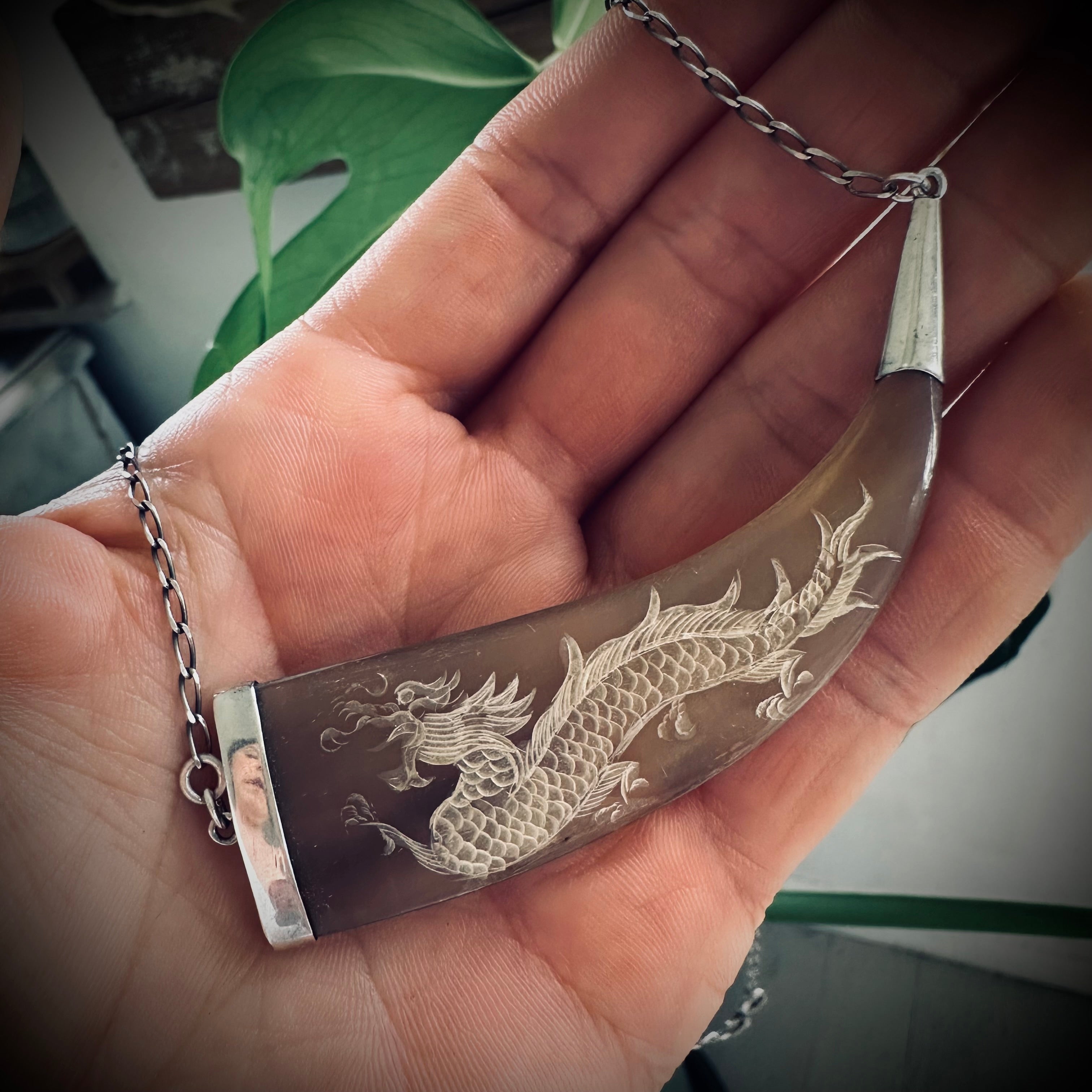 21” reworked vintage horn necklace sterling silver with gorgeous carved dragon