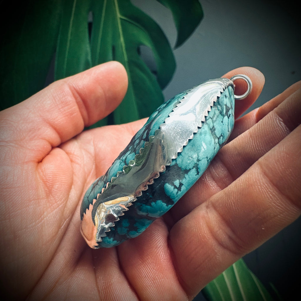 XL Vintage turquoise nugget pendant in sterling silver