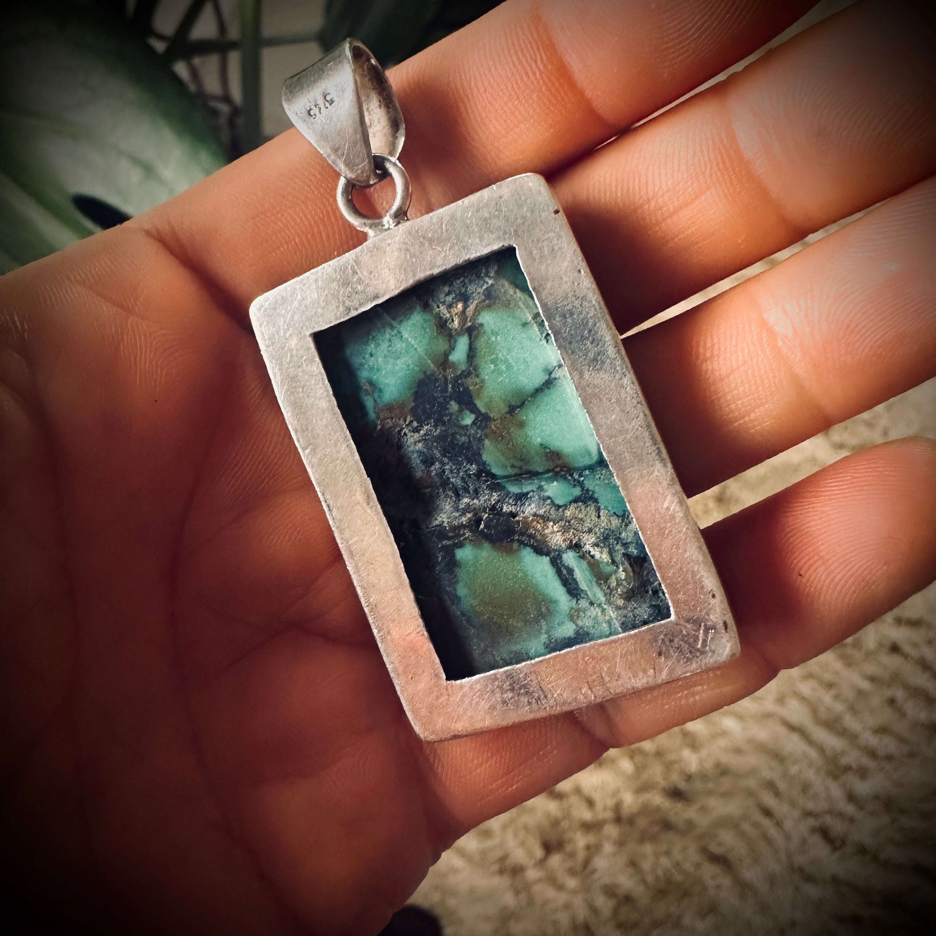 Big and heavy vintage turquoise pendant with chunky sterling silver setting
