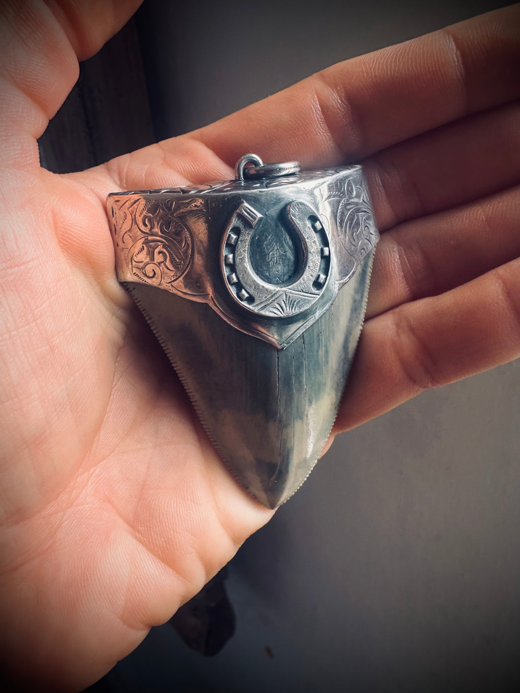 XL Fossilised shark tooth pendant in engraved hallmarked sterling silver