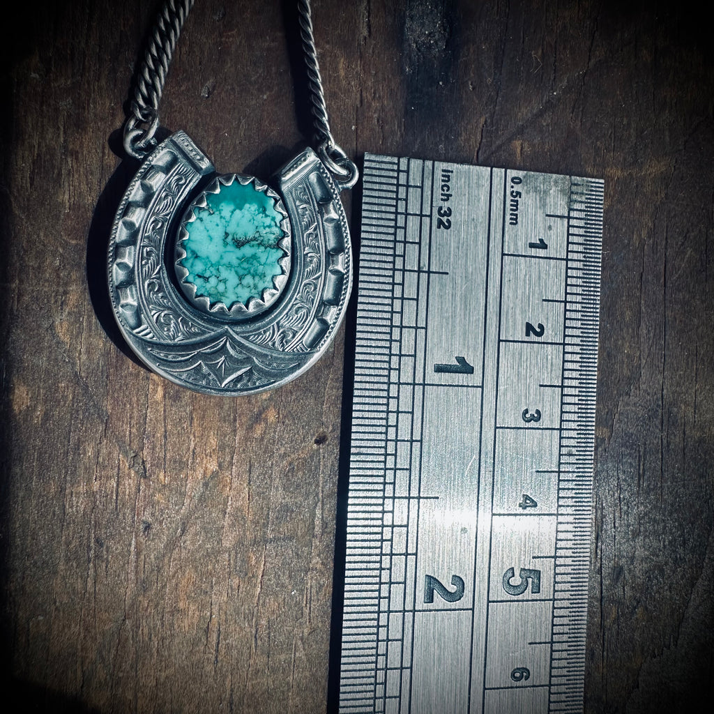 20” lucky horseshoe necklace in hallmarked sterling silver with turquoise on antique guard chain