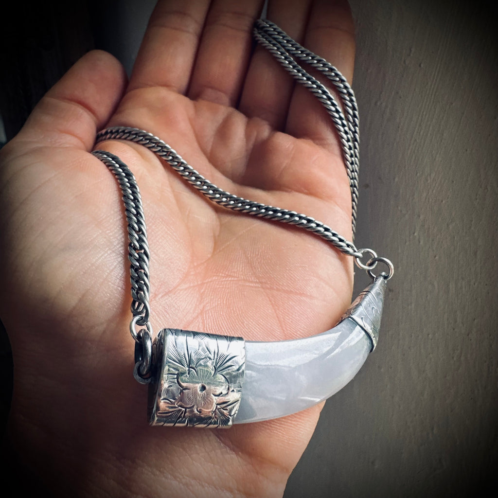 2” grey agate “tusk” on 20” antique guard chain in sterling silver