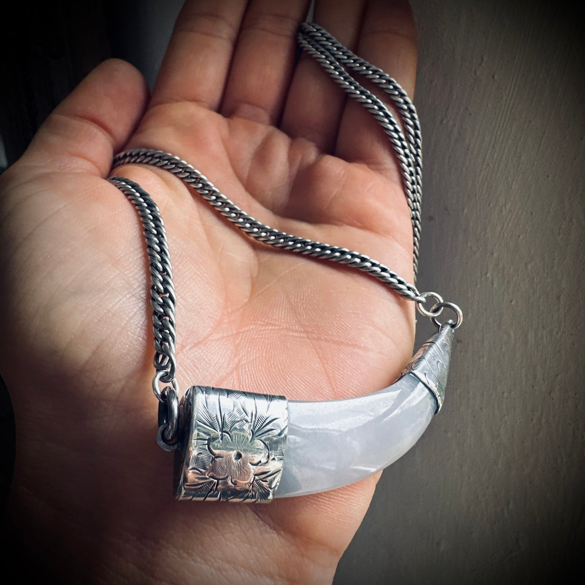2” grey agate “tusk” on 20” antique guard chain in sterling silver