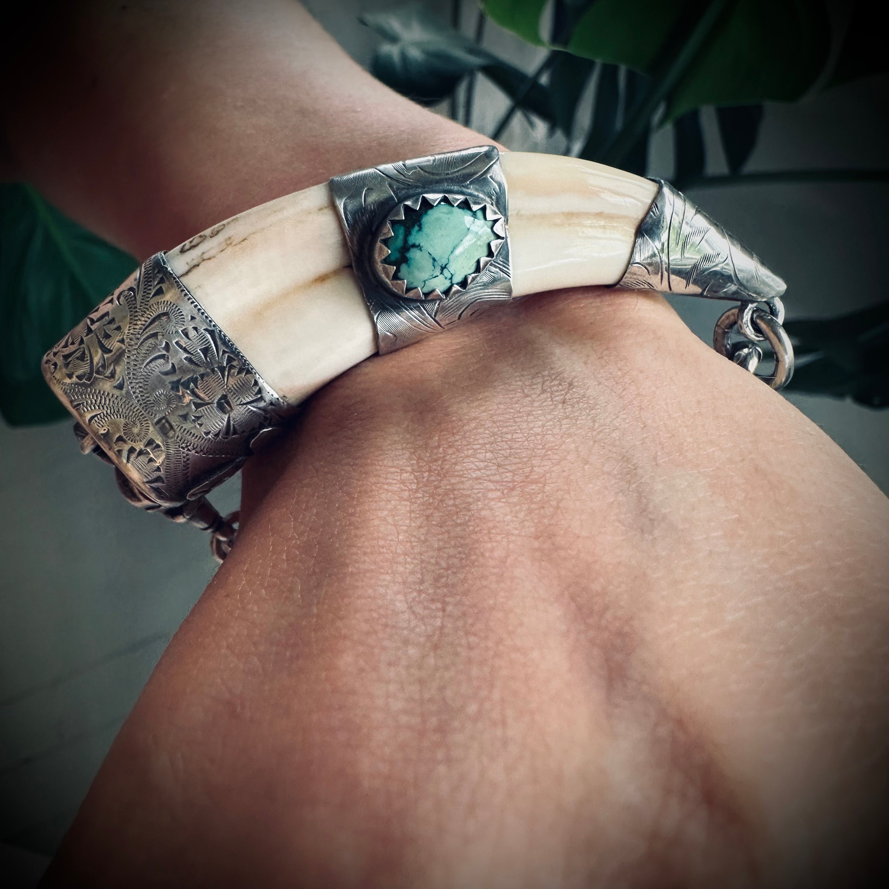 8”” reworked vintage tusk bracelet in hallmarked engraved sterling silver with turquoise