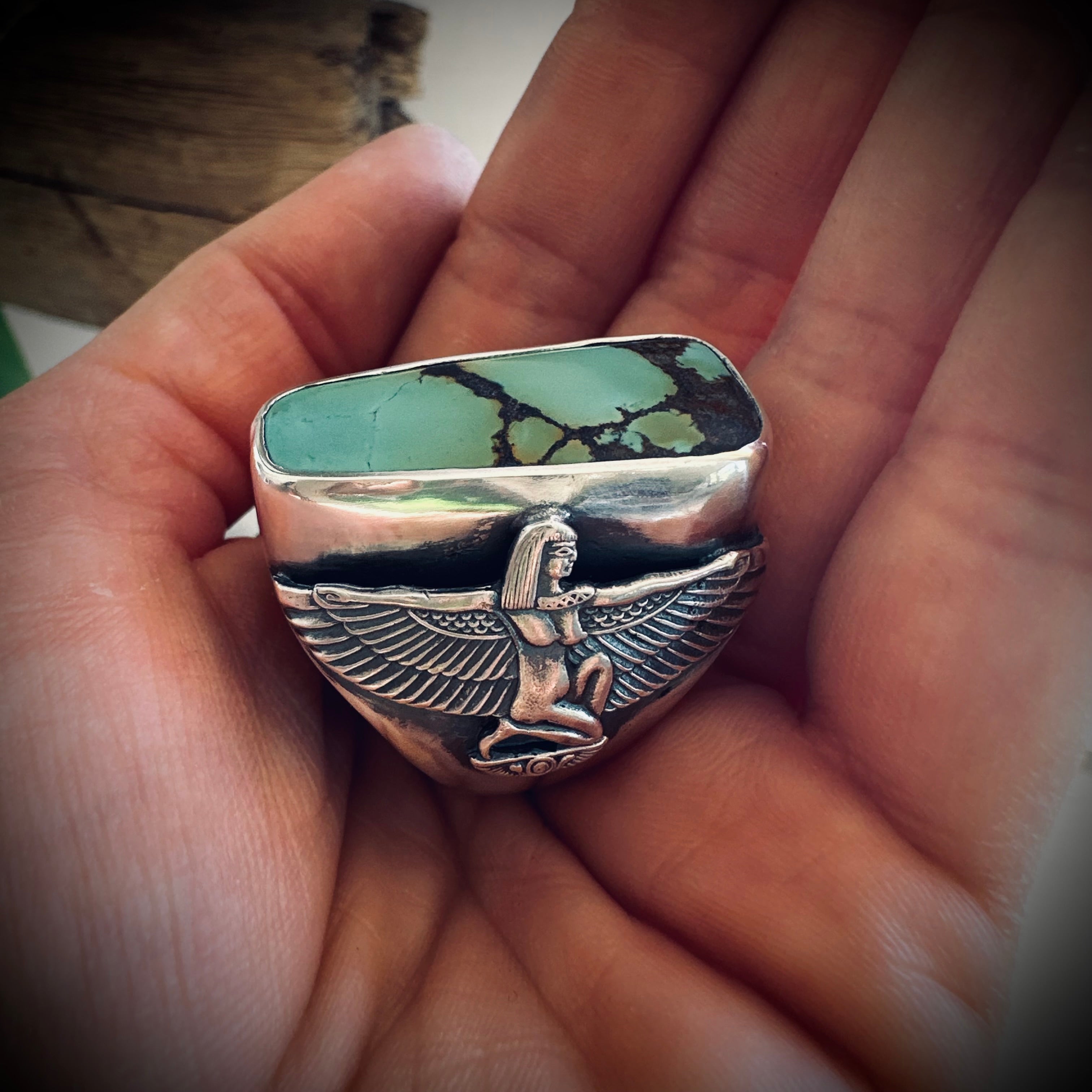 Size 9 (R 1/2) Sterling silver hallmarked turquoise winged Isis ring