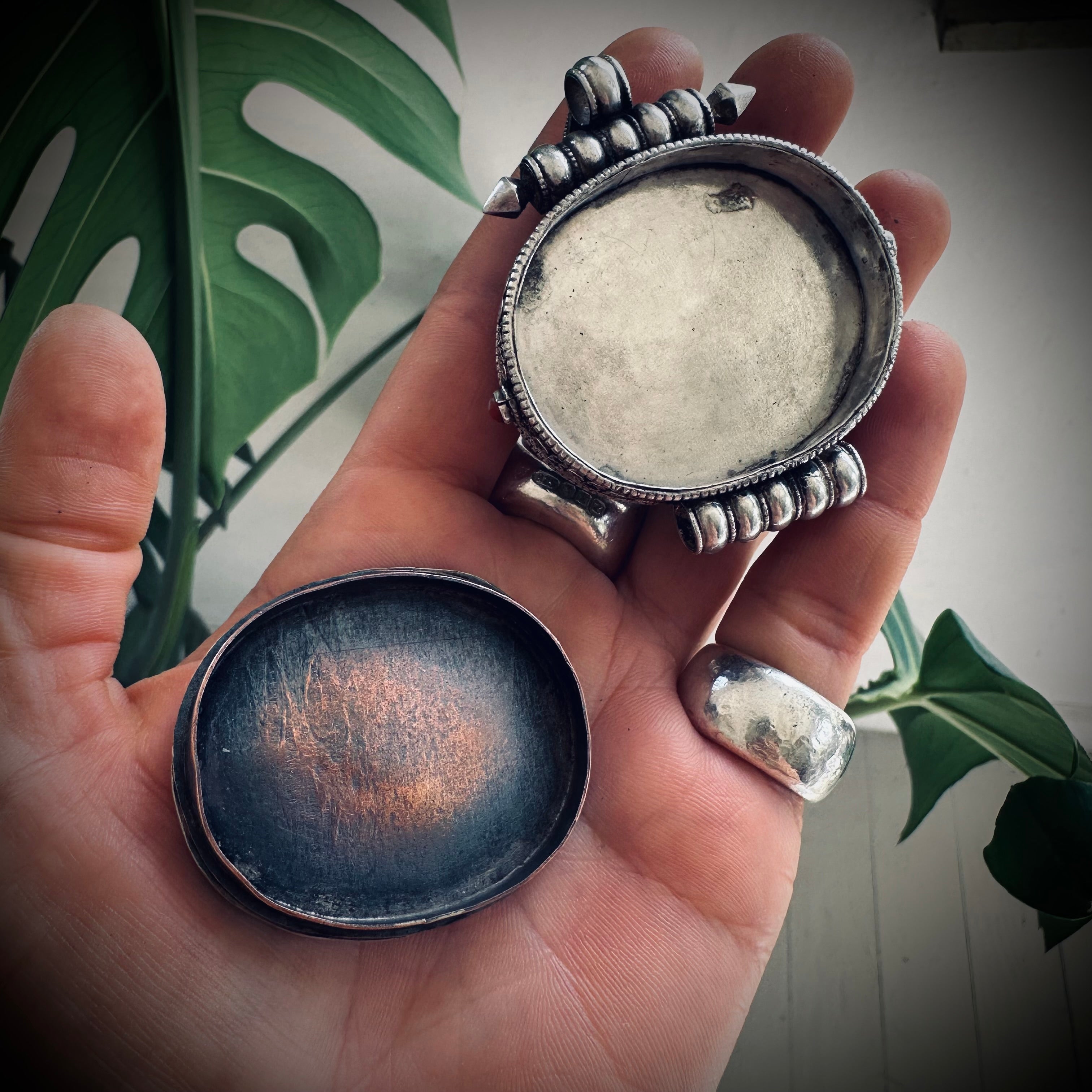 Large heavy vintage Tibetan gau prayer box pendant in sterling silver and copper with snake