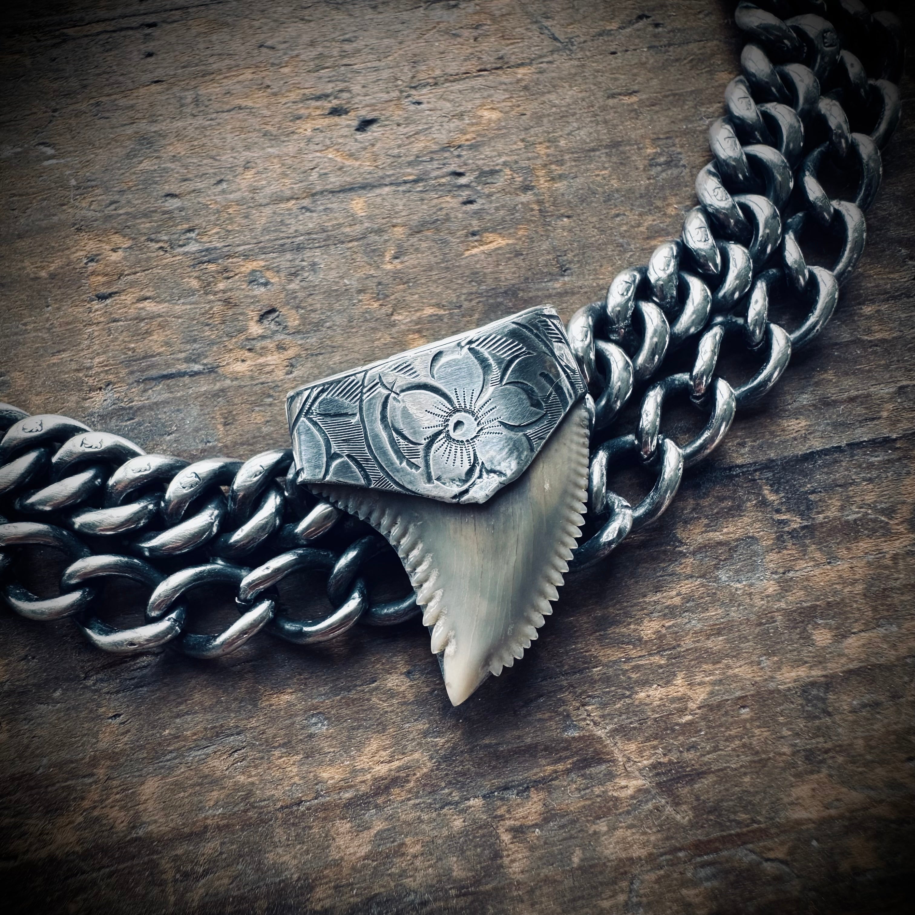 7.5” reworked double chain fossilised tooth bracelet in hallmarked engraved sterling silver with antique clip